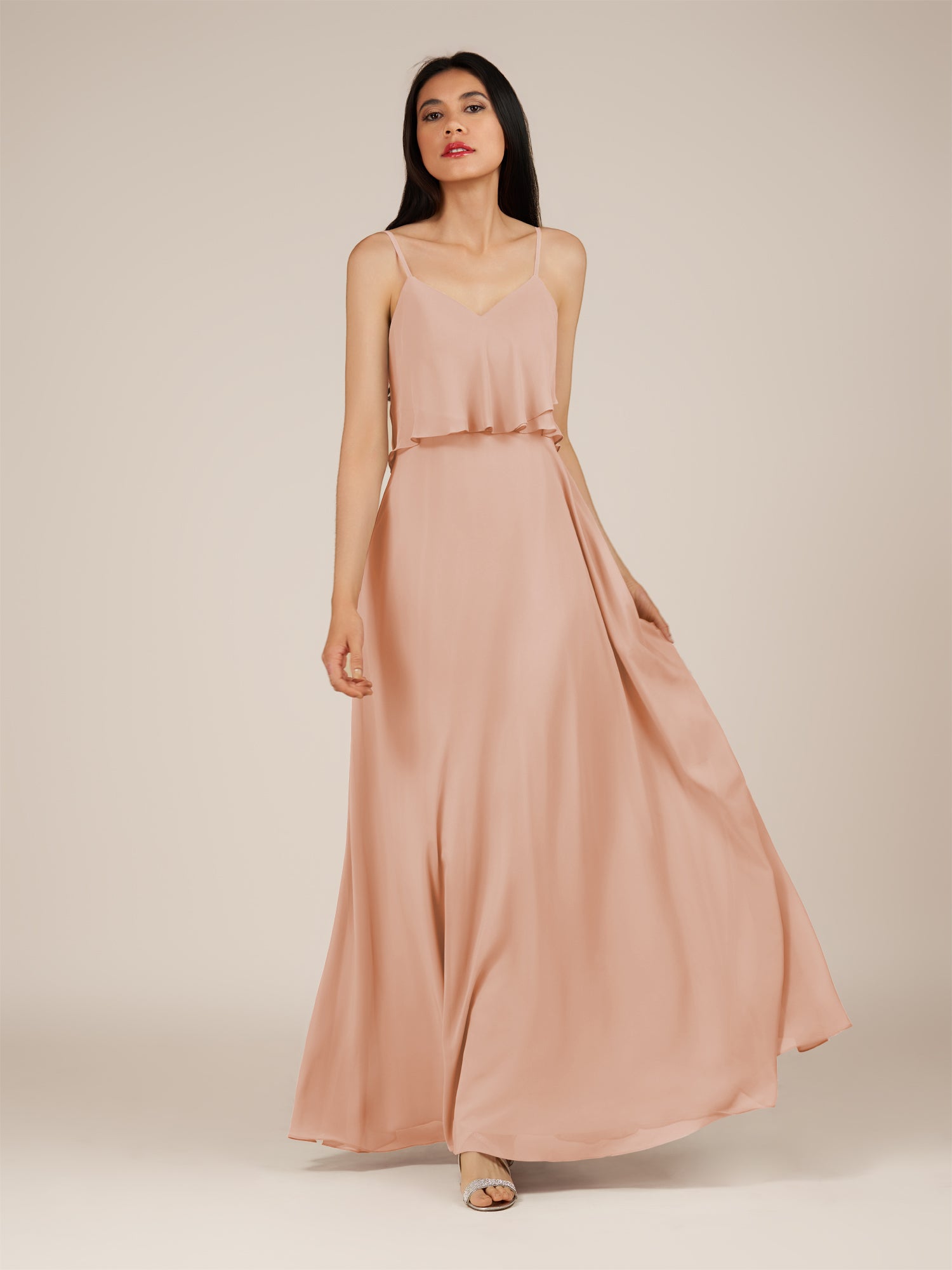 KissDress-Branwyn English Rose A Line V Neck Chiffon Long Bridesmaid Dress with Ruffles
