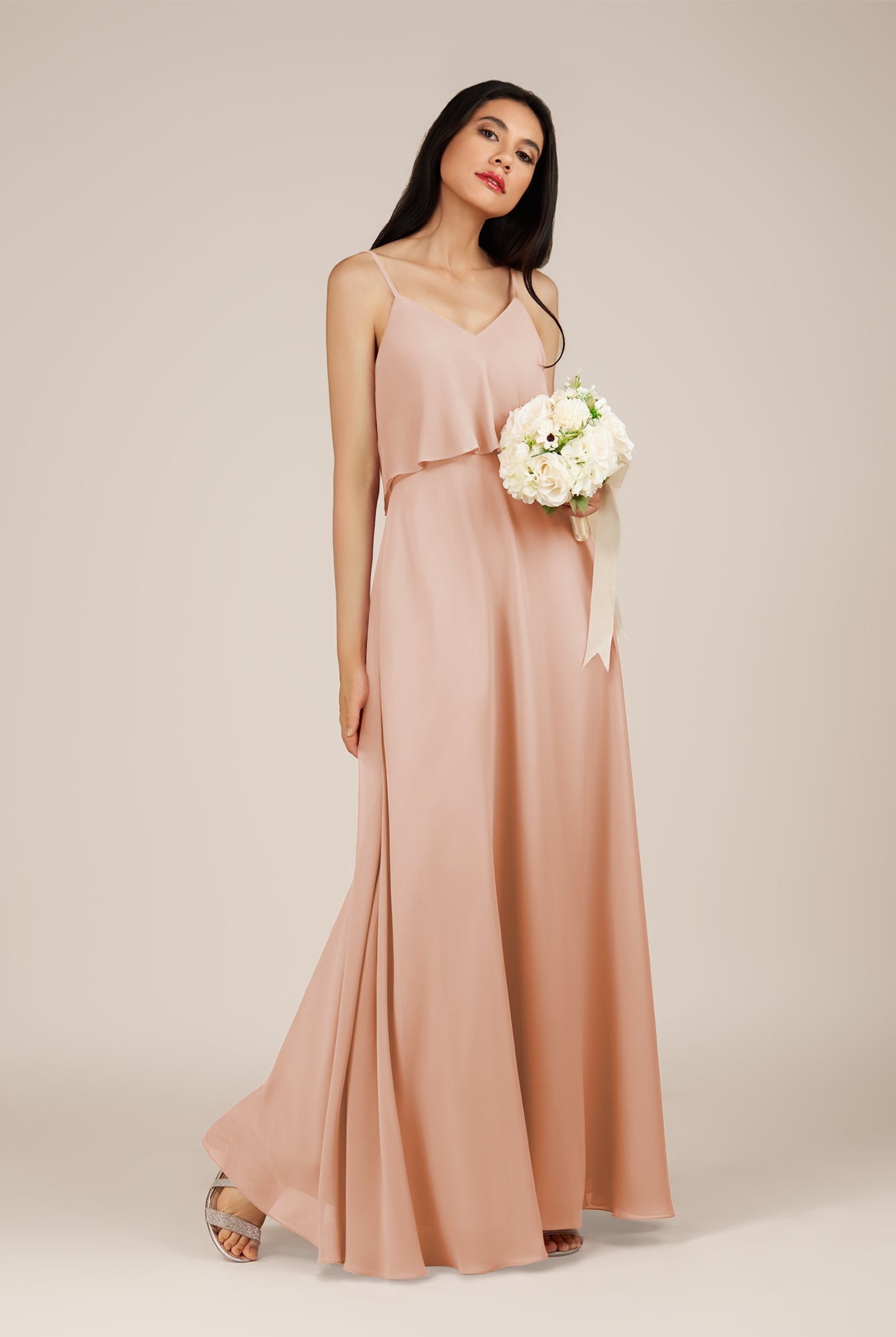 KissDress-Branwyn English Rose A Line V Neck Chiffon Long Bridesmaid Dress with Ruffles