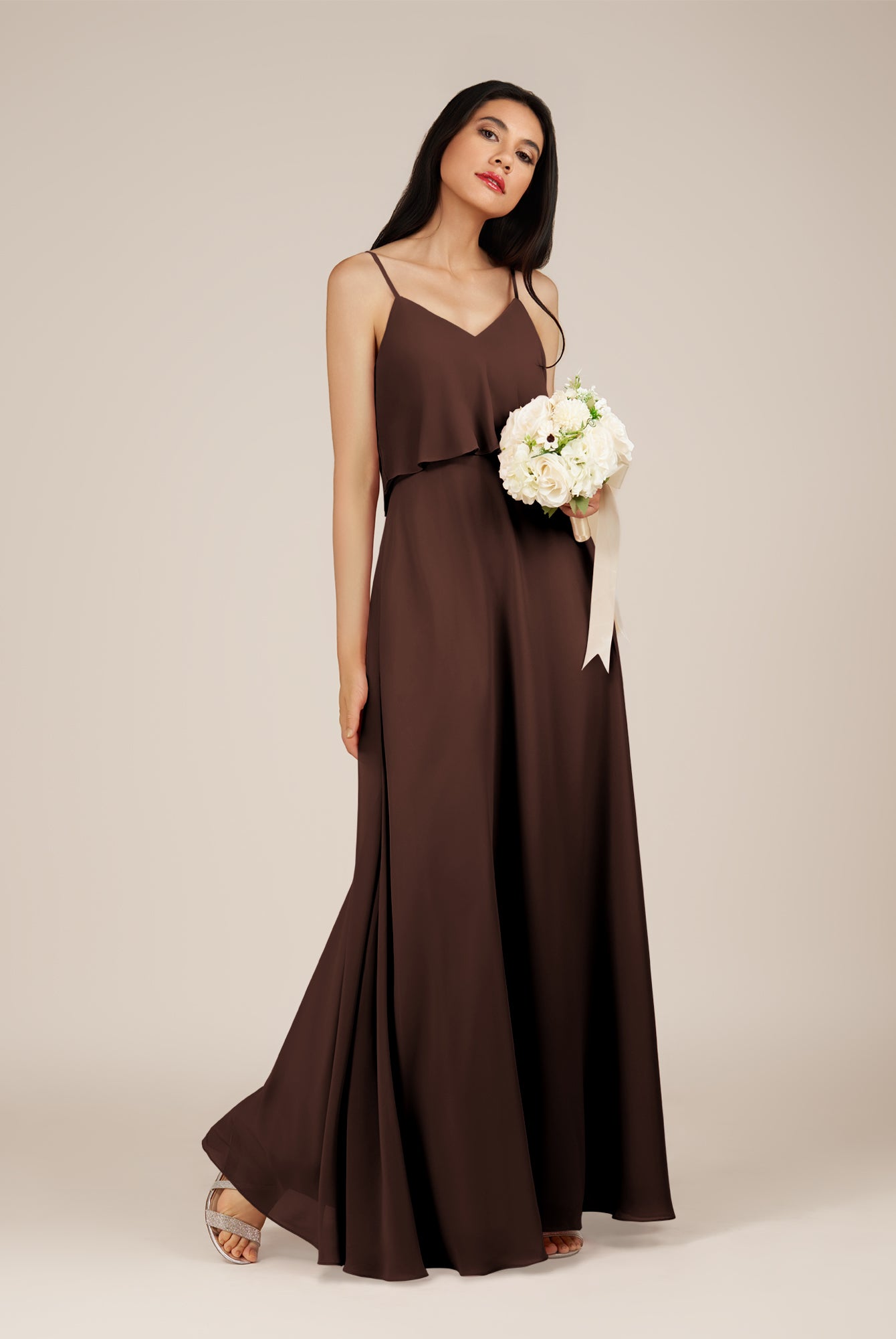 KissDress-Branwyn Espresso A Line V Neck Chiffon Long Bridesmaid Dress with Ruffles