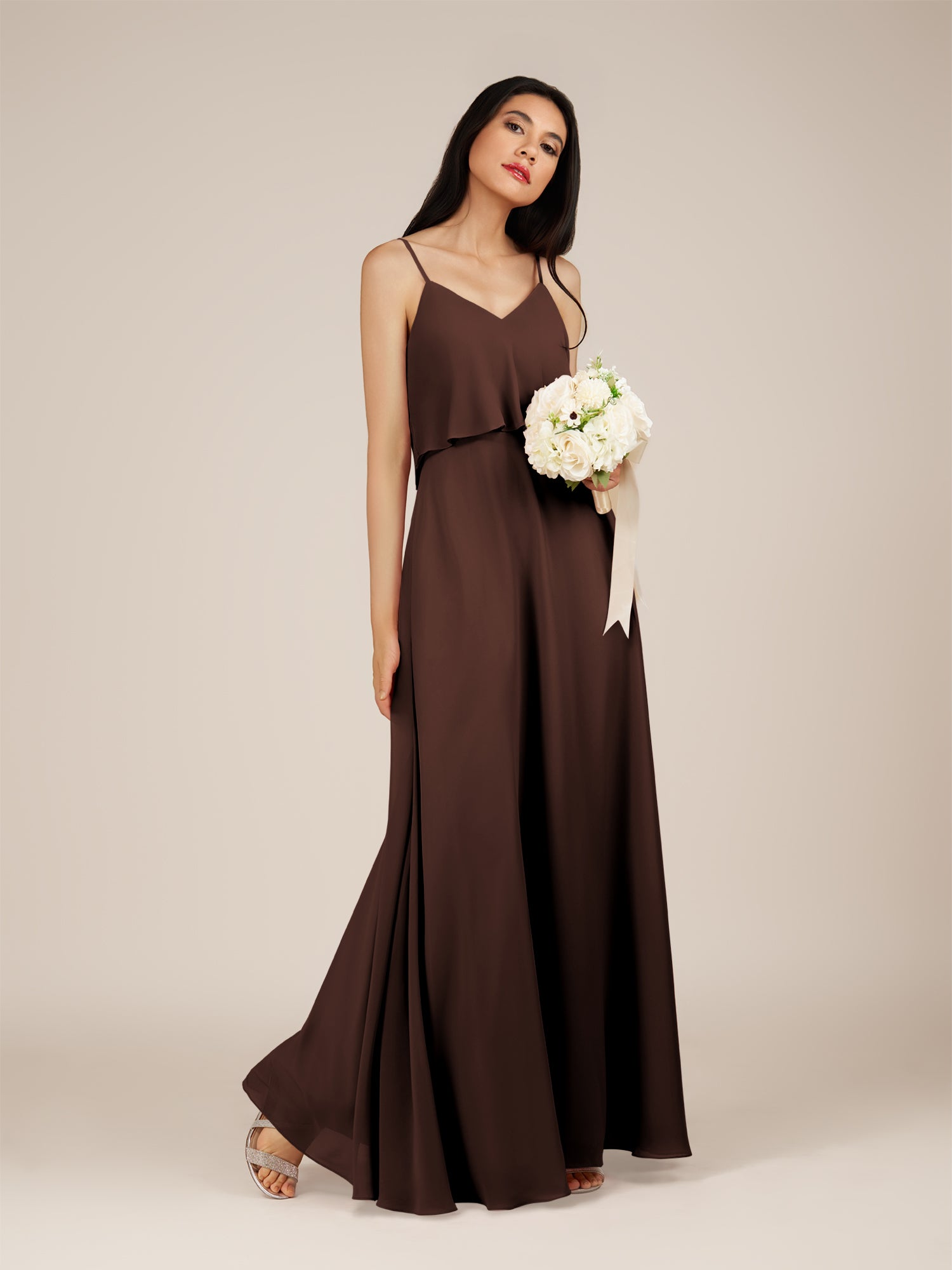 KissDress-Branwyn Espresso A Line V Neck Chiffon Long Bridesmaid Dress with Ruffles
