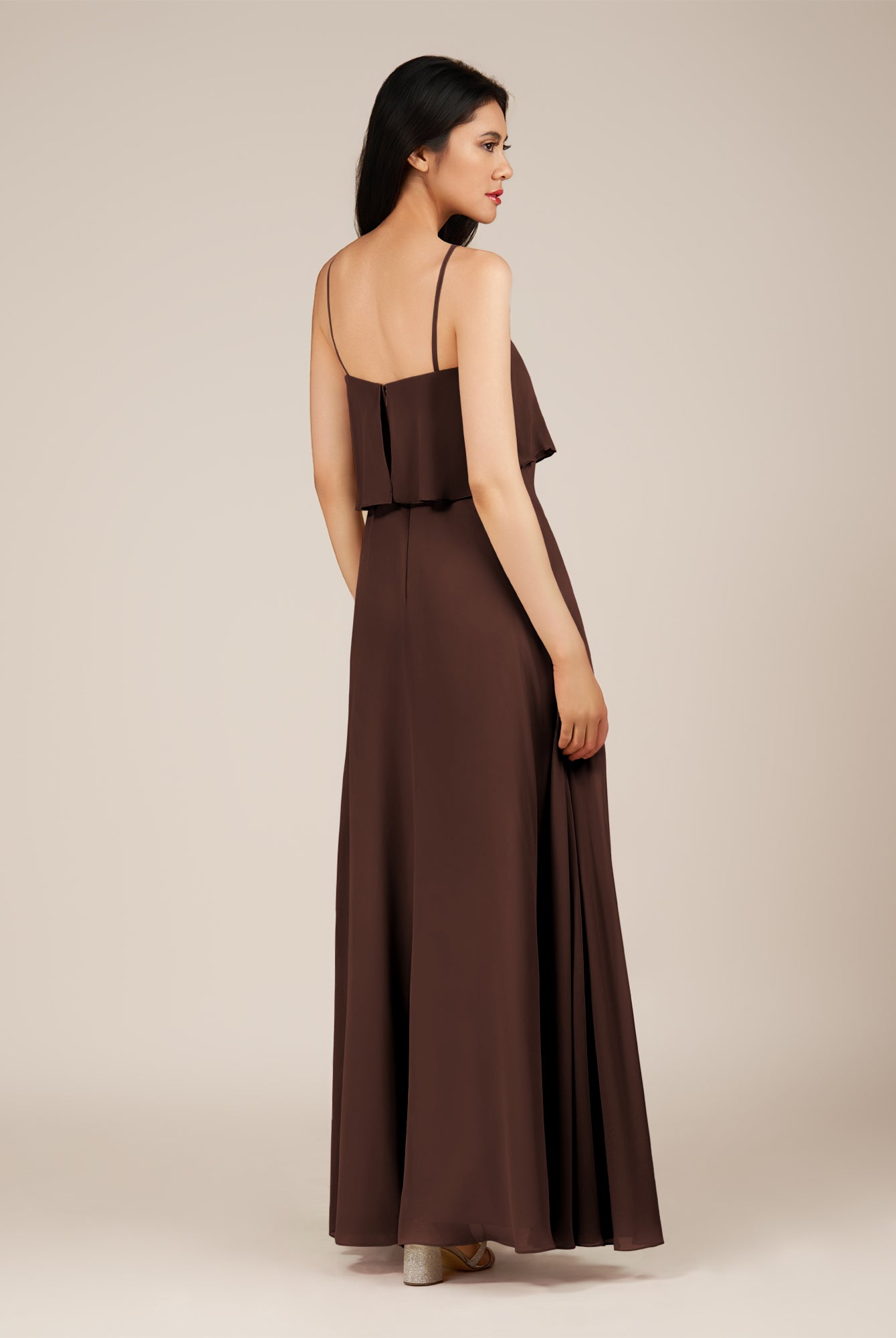 KissDress-Branwyn Espresso A Line V Neck Chiffon Long Bridesmaid Dress with Ruffles