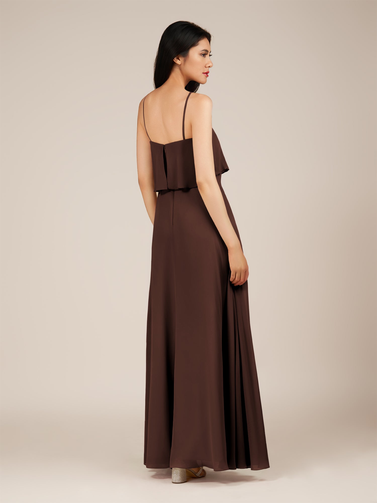 KissDress-Branwyn Espresso A Line V Neck Chiffon Long Bridesmaid Dress with Ruffles