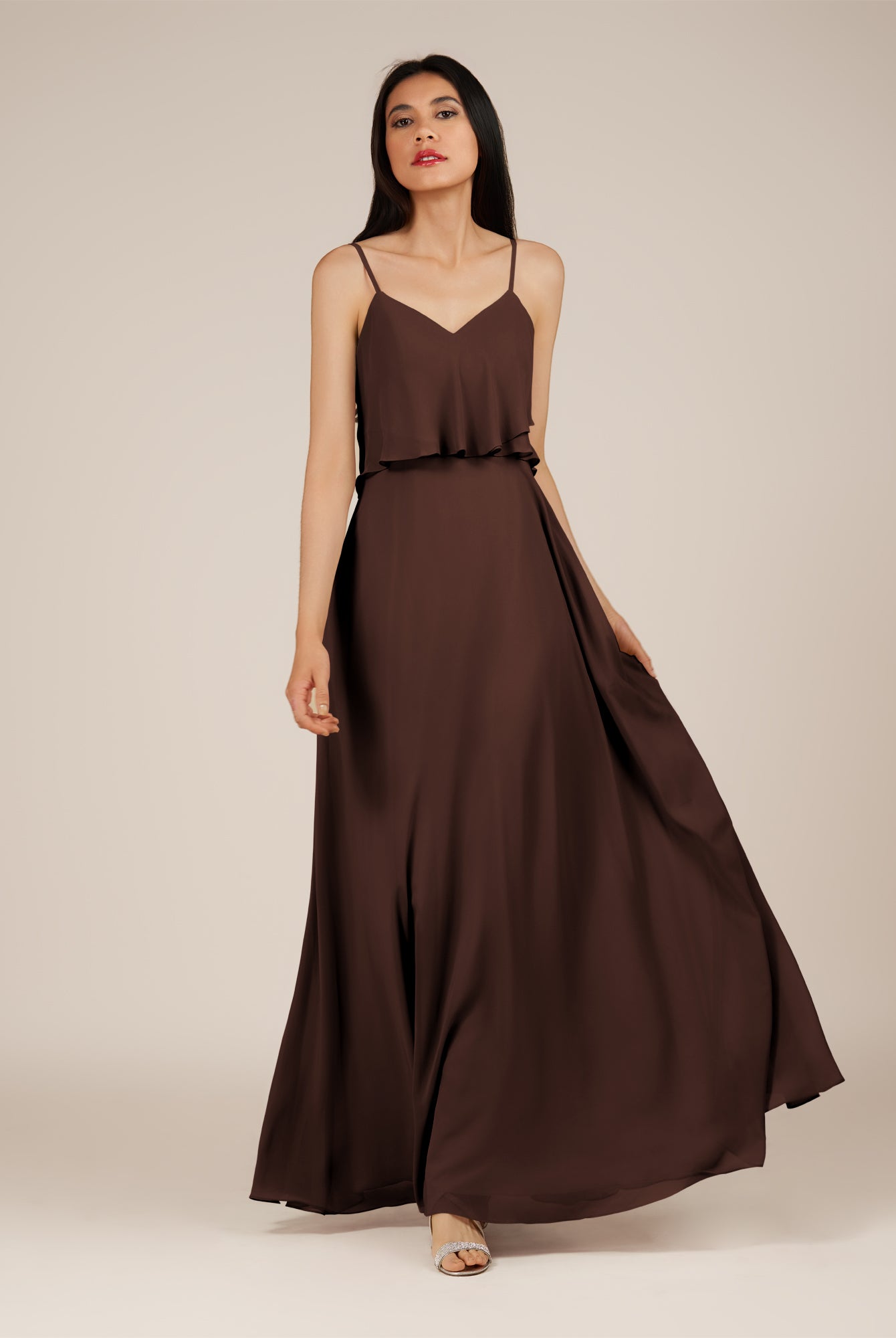 KissDress-Branwyn Espresso A Line V Neck Chiffon Long Bridesmaid Dress with Ruffles