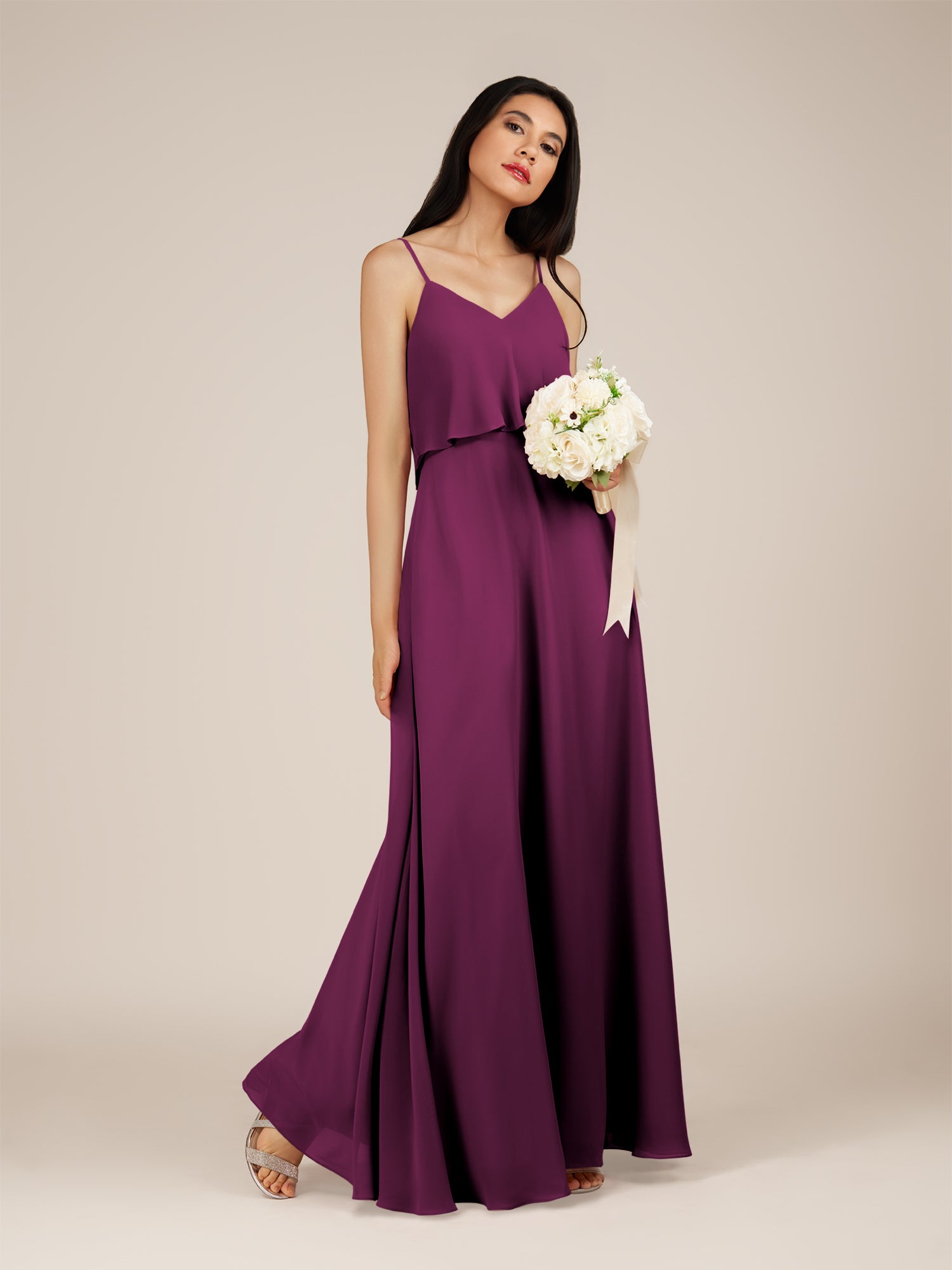 KissDress-Branwyn Fig A Line V Neck Chiffon Long Bridesmaid Dress with Ruffles