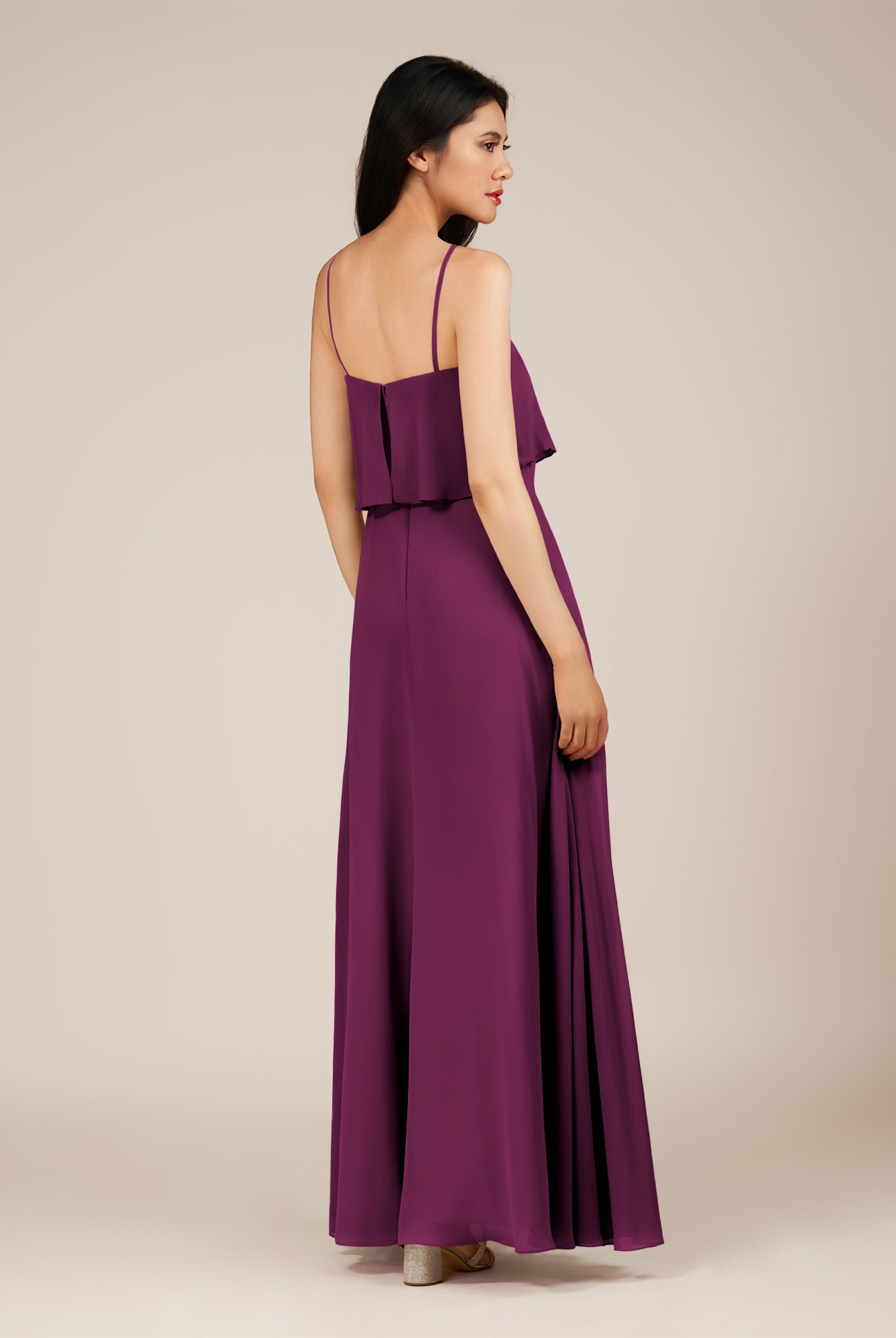 KissDress-Branwyn Fig A Line V Neck Chiffon Long Bridesmaid Dress with Ruffles
