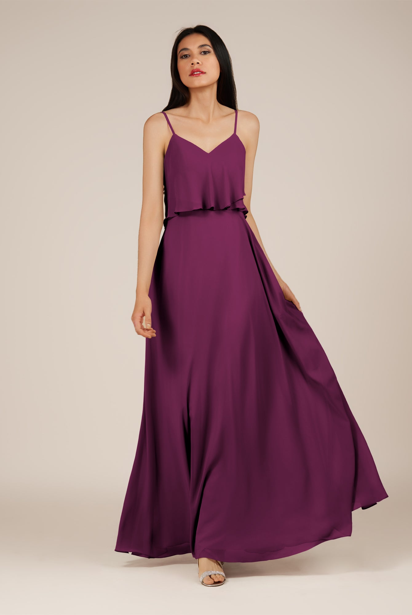 KissDress-Branwyn Fig A Line V Neck Chiffon Long Bridesmaid Dress with Ruffles