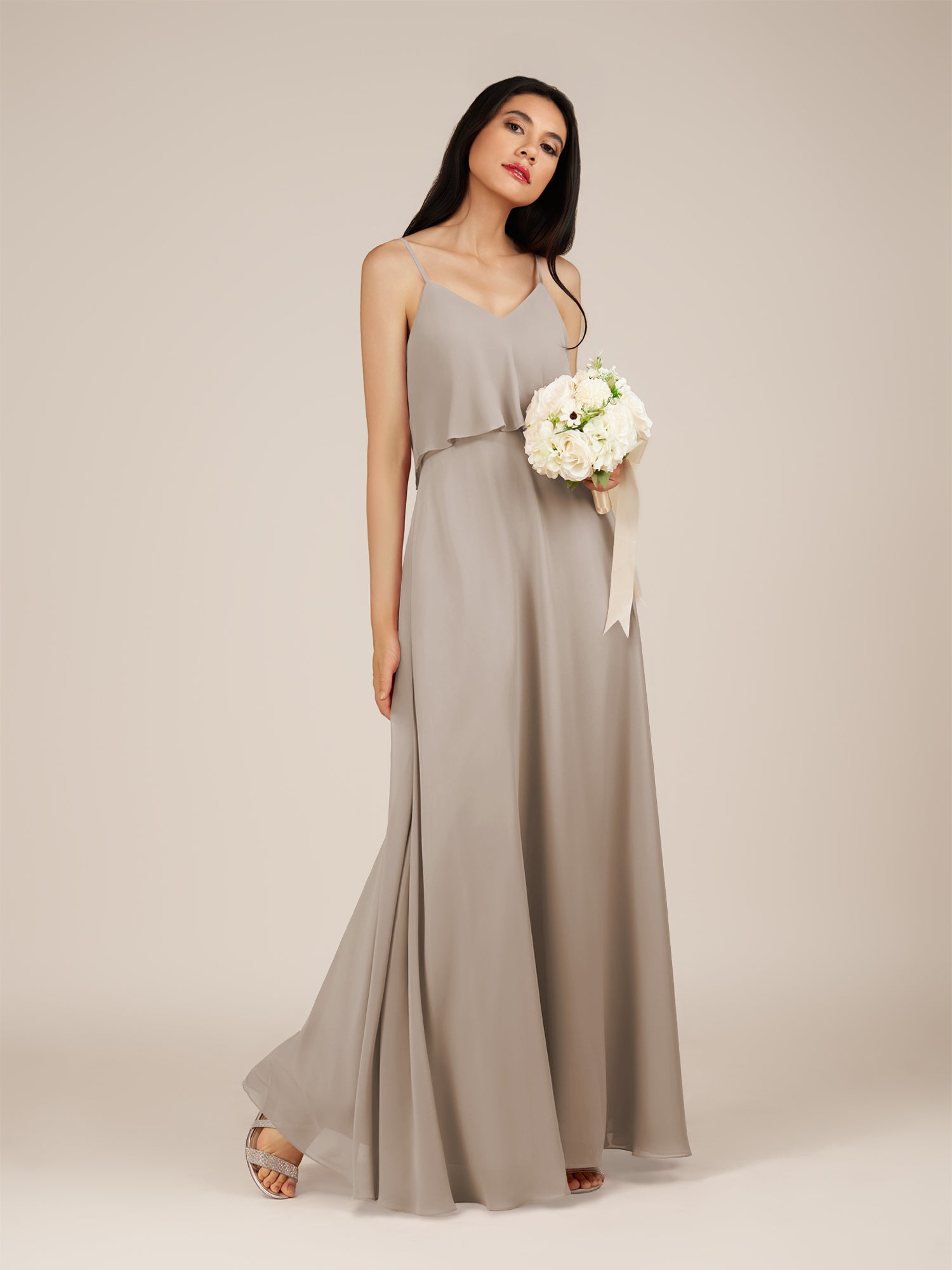 KissDress-Branwyn Frost A Line V Neck Chiffon Long Bridesmaid Dress with Ruffles