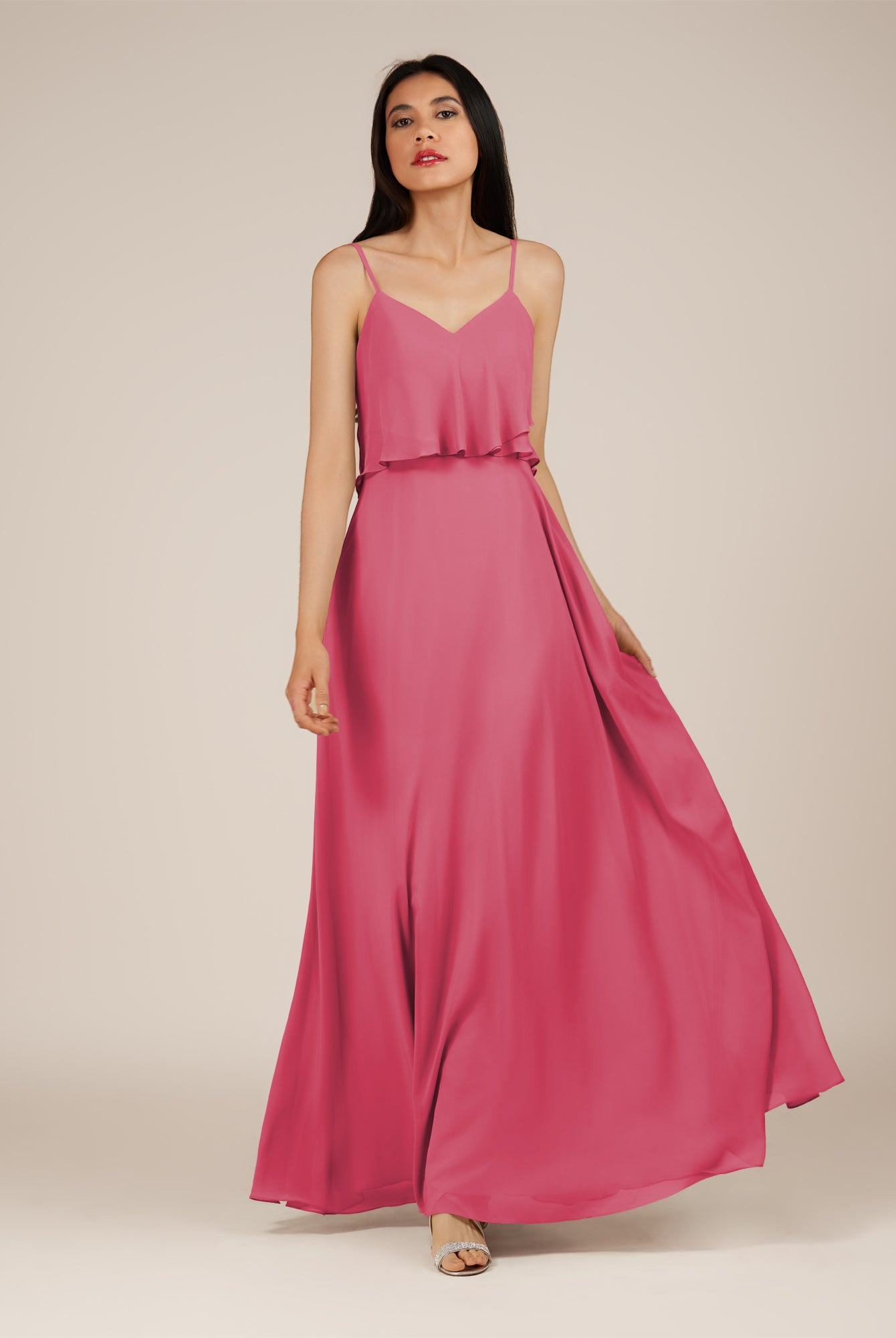 KissDress-Branwyn Fuchsia A Line V Neck Chiffon Long Bridesmaid Dress with Ruffles
