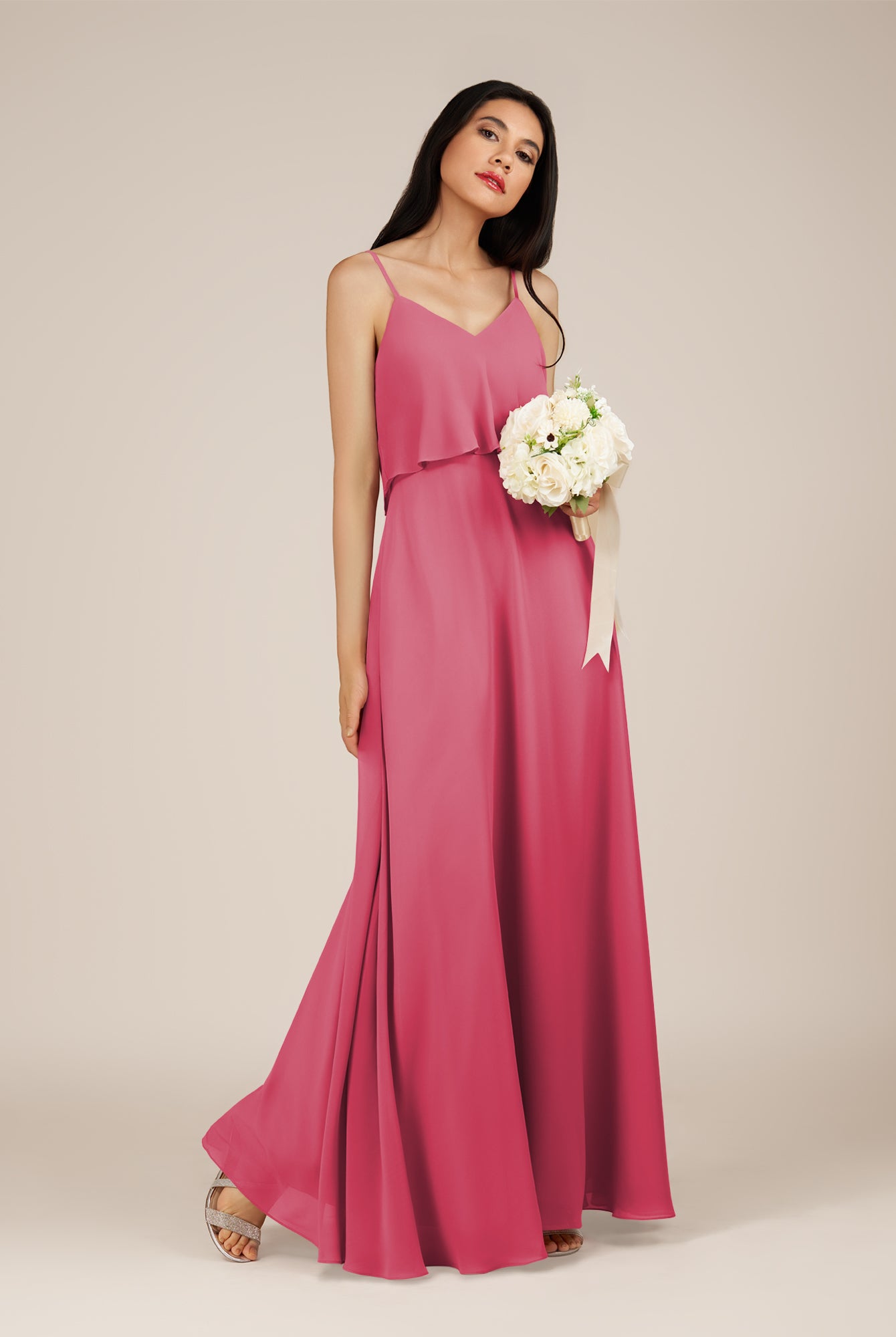 KissDress-Branwyn Fuchsia A Line V Neck Chiffon Long Bridesmaid Dress with Ruffles
