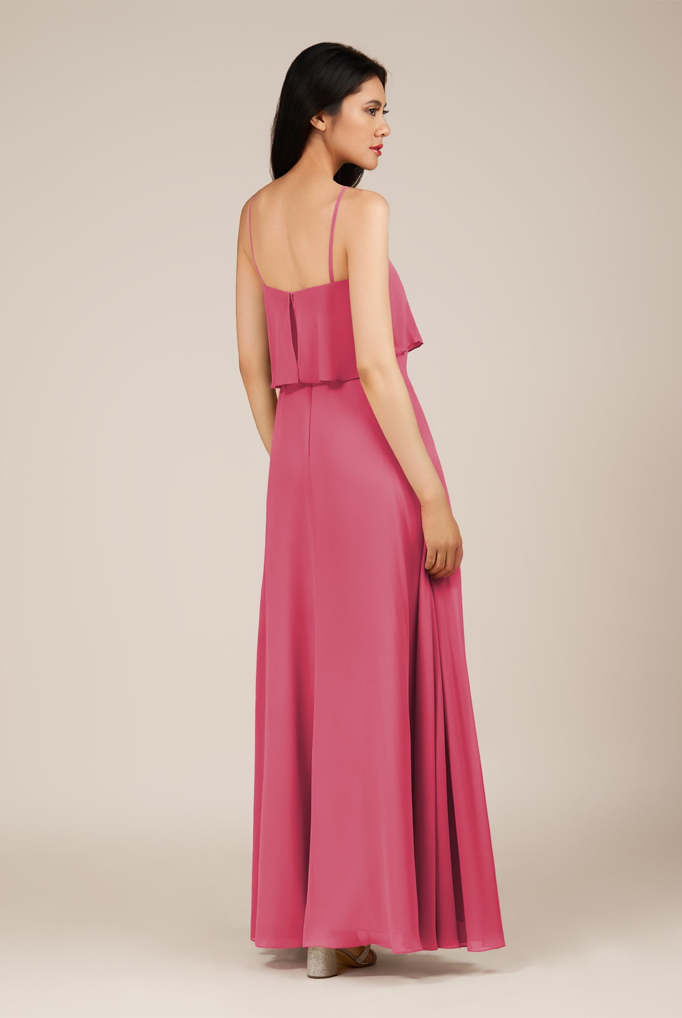 KissDress-Branwyn Fuchsia A Line V Neck Chiffon Long Bridesmaid Dress with Ruffles