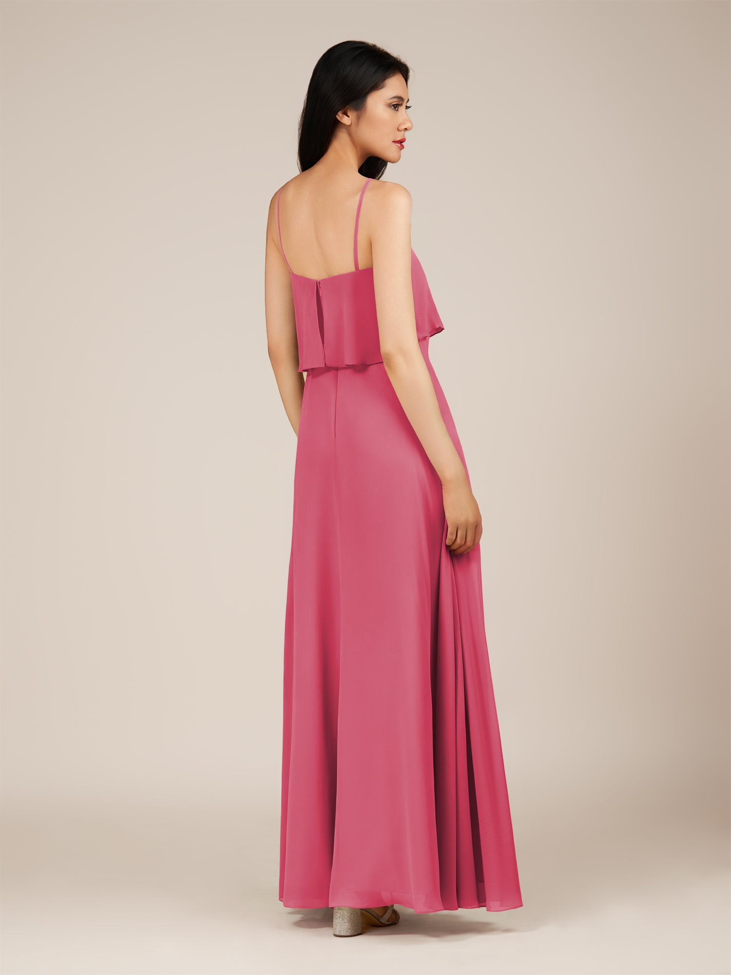 KissDress-Branwyn Fuchsia A Line V Neck Chiffon Long Bridesmaid Dress with Ruffles