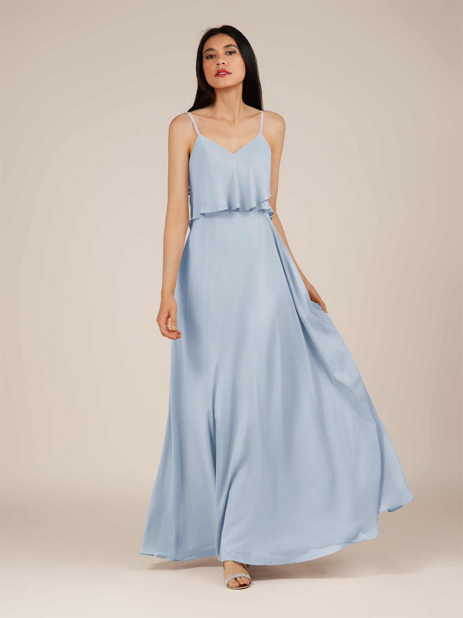 KissDress-Branwyn Ice A Line V Neck Chiffon Long Bridesmaid Dress with Ruffles