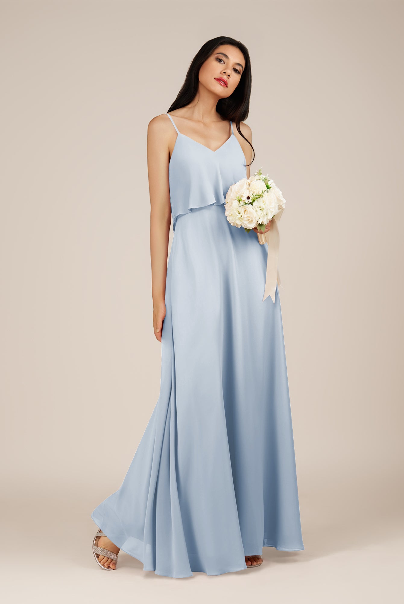 KissDress-Branwyn Ice A Line V Neck Chiffon Long Bridesmaid Dress with Ruffles