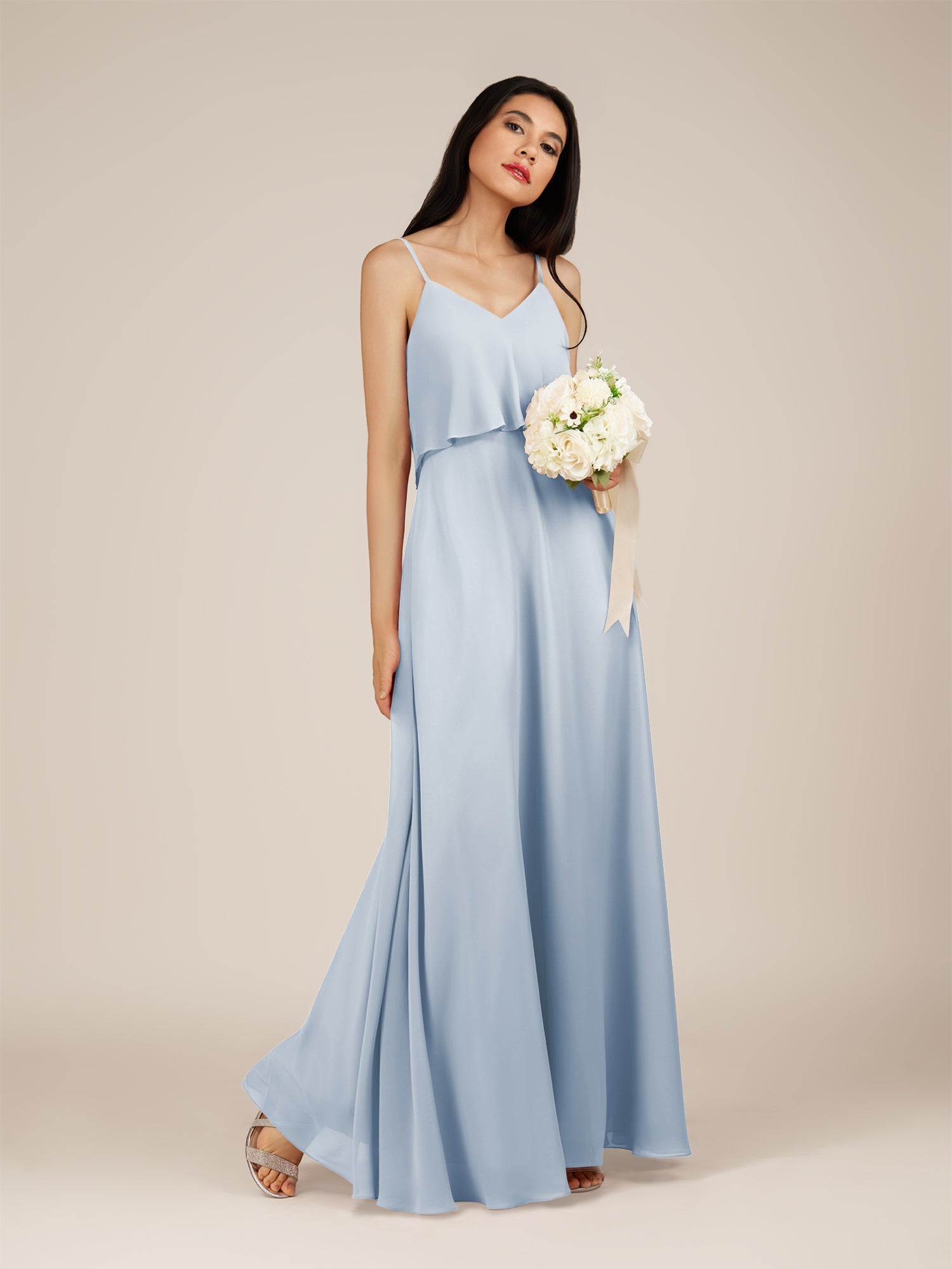 KissDress-Branwyn Ice A Line V Neck Chiffon Long Bridesmaid Dress with Ruffles