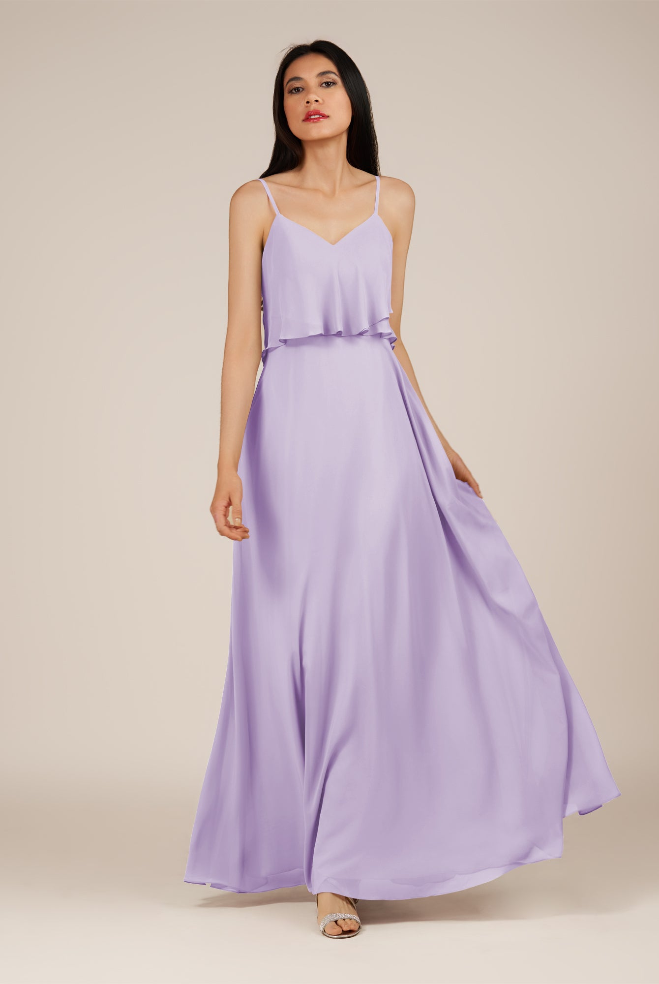 KissDress-Branwyn Lavender A Line V Neck Chiffon Long Bridesmaid Dress with Ruffles