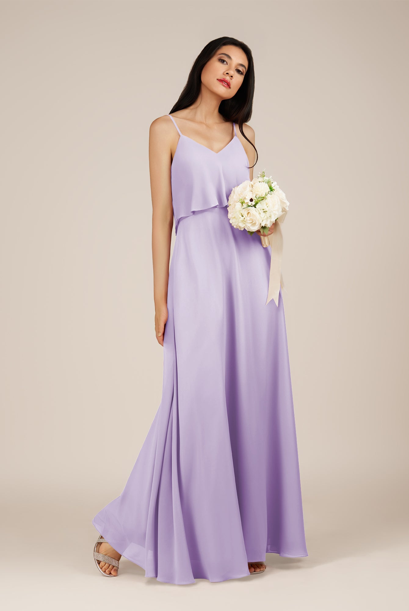 KissDress-Branwyn Lavender A Line V Neck Chiffon Long Bridesmaid Dress with Ruffles