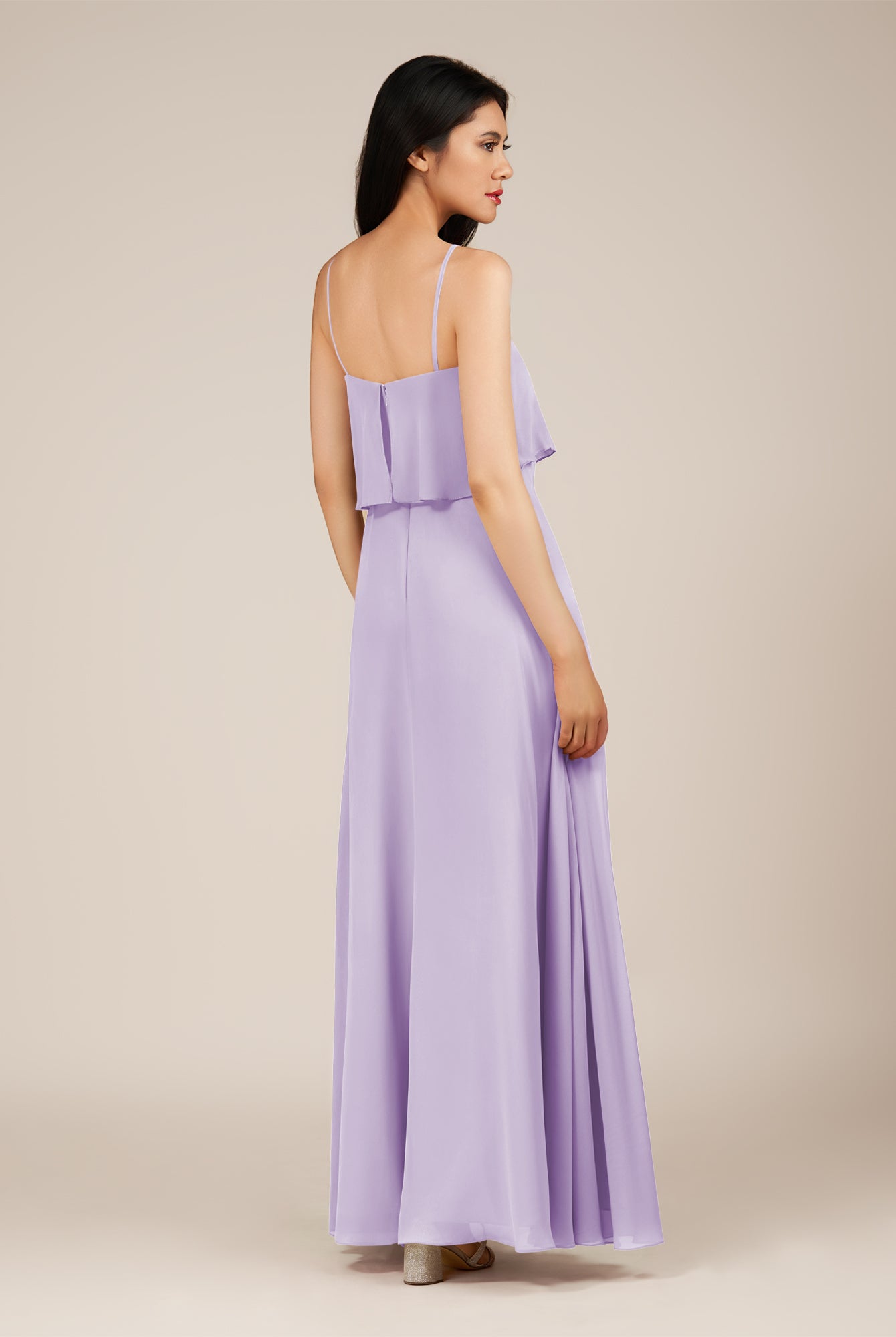 KissDress-Branwyn Lavender A Line V Neck Chiffon Long Bridesmaid Dress with Ruffles