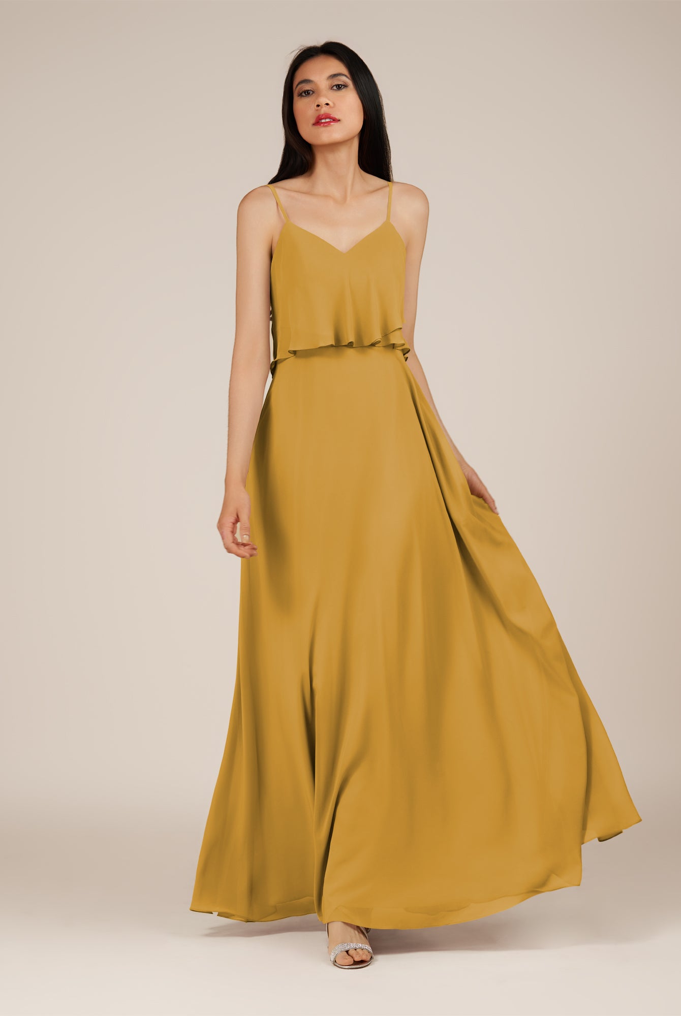 KissDress-Branwyn Marigold A Line V Neck Chiffon Long Bridesmaid Dress with Ruffles