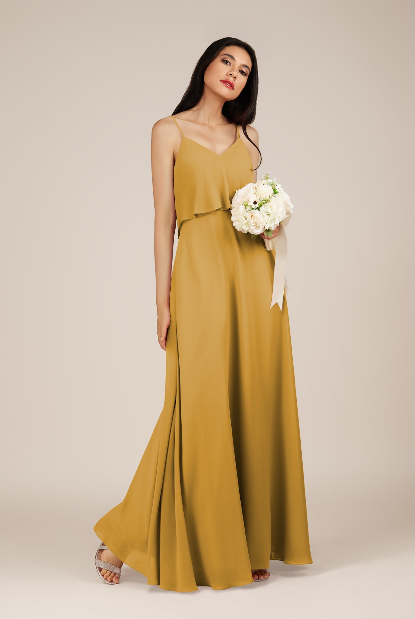 KissDress-Branwyn Marigold A Line V Neck Chiffon Long Bridesmaid Dress with Ruffles