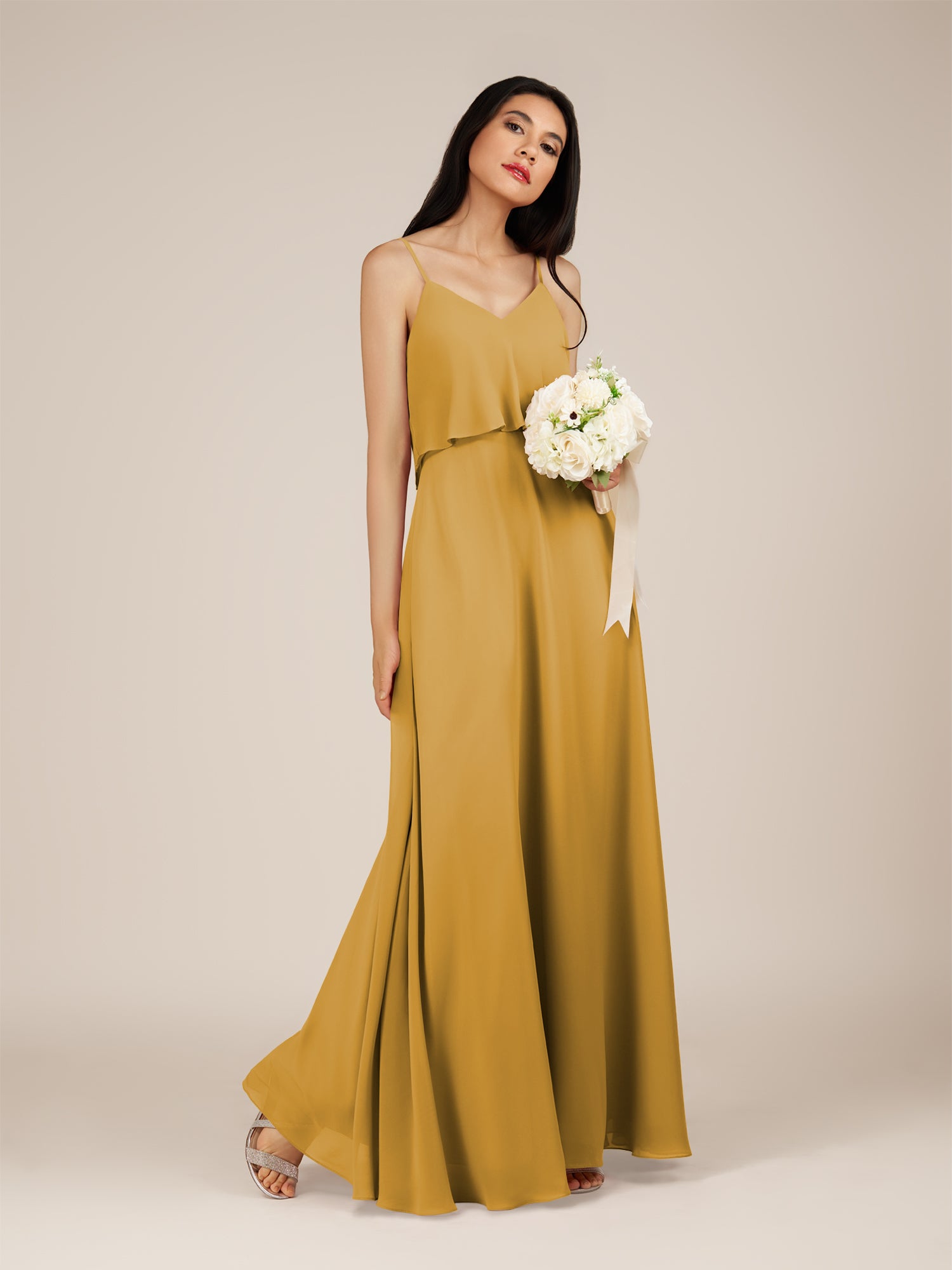 KissDress-Branwyn Marigold A Line V Neck Chiffon Long Bridesmaid Dress with Ruffles