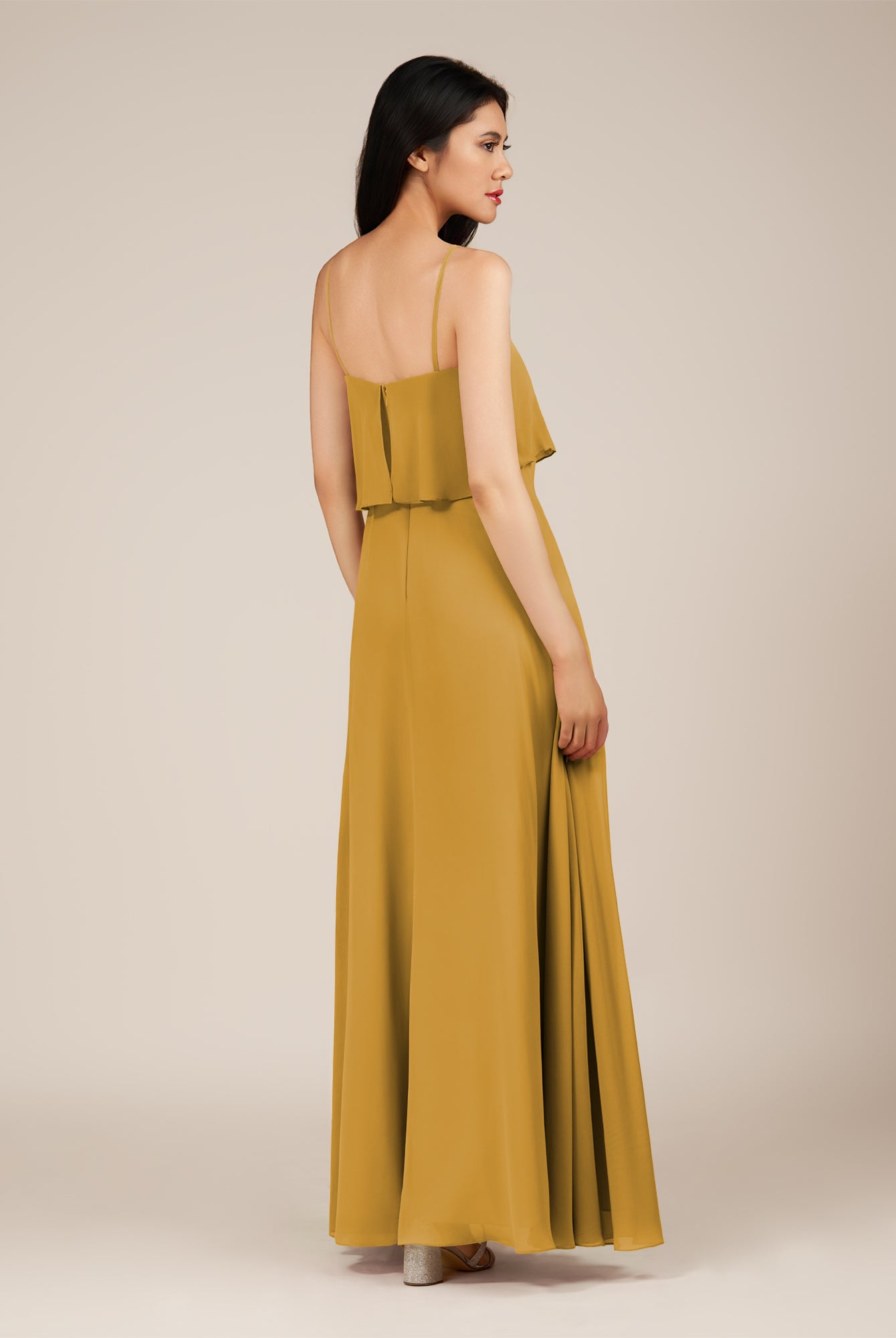 KissDress-Branwyn Marigold A Line V Neck Chiffon Long Bridesmaid Dress with Ruffles