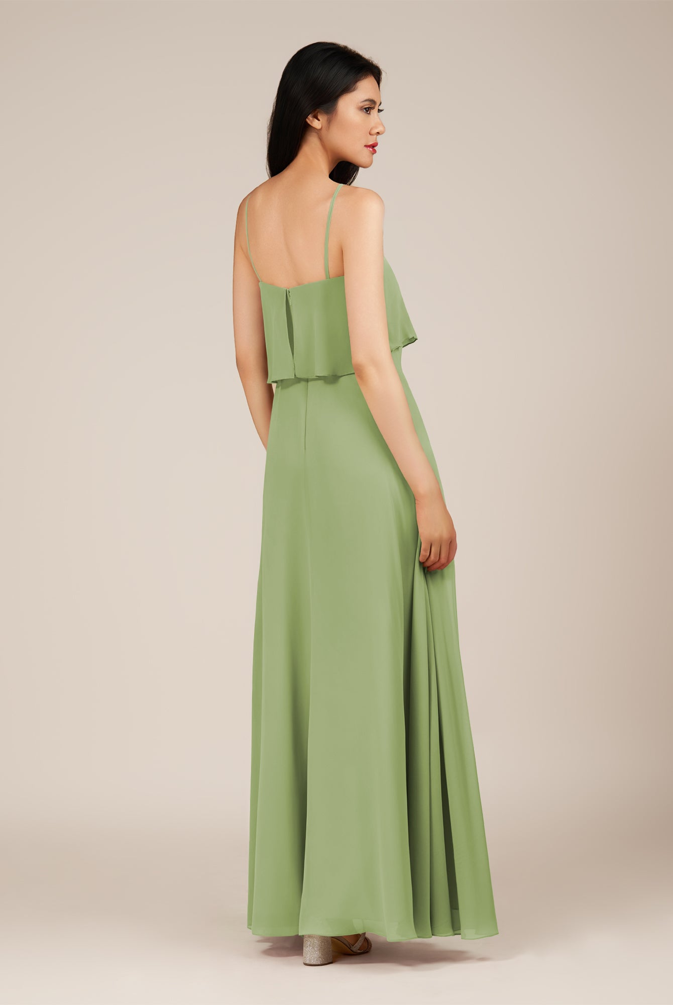 KissDress-Branwyn Matcha A Line V Neck Chiffon Long Bridesmaid Dress with Ruffles