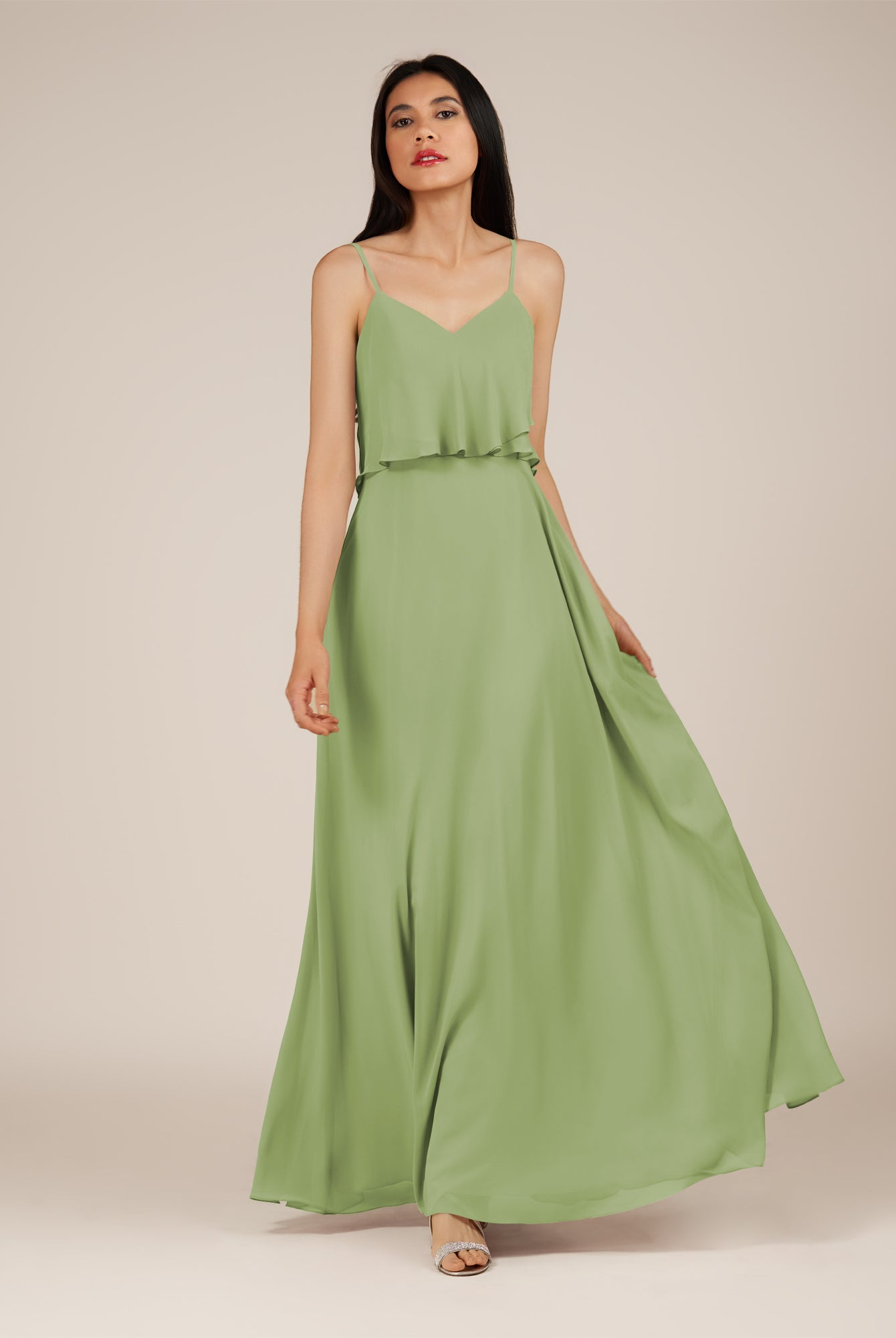 KissDress-Branwyn Matcha A Line V Neck Chiffon Long Bridesmaid Dress with Ruffles