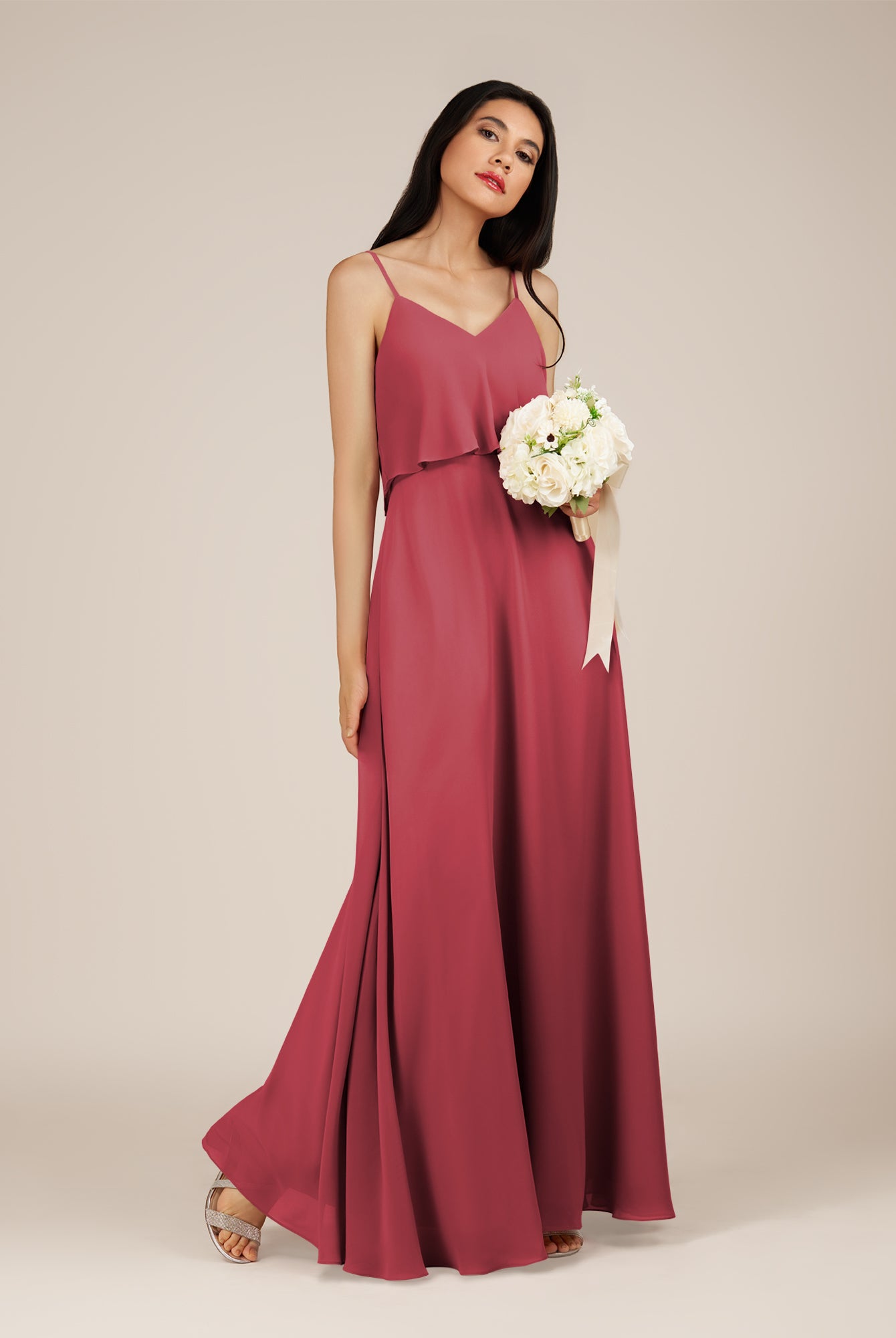 KissDress-Branwyn Merlot A Line V Neck Chiffon Long Bridesmaid Dress with Ruffles