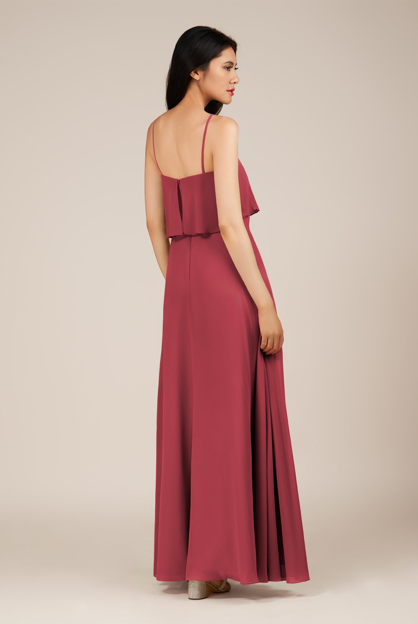 KissDress-Branwyn Merlot A Line V Neck Chiffon Long Bridesmaid Dress with Ruffles