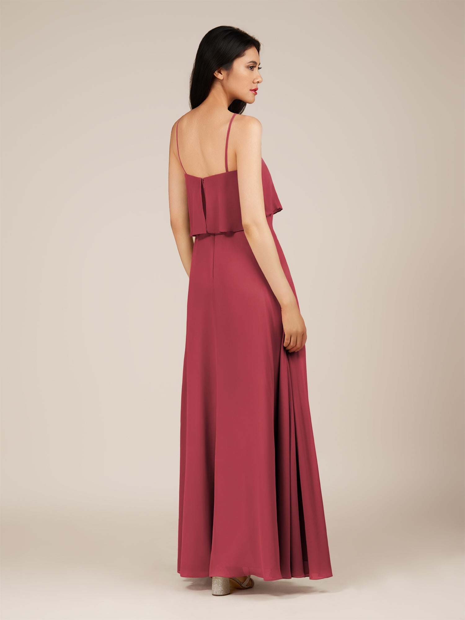 KissDress-Branwyn Merlot A Line V Neck Chiffon Long Bridesmaid Dress with Ruffles