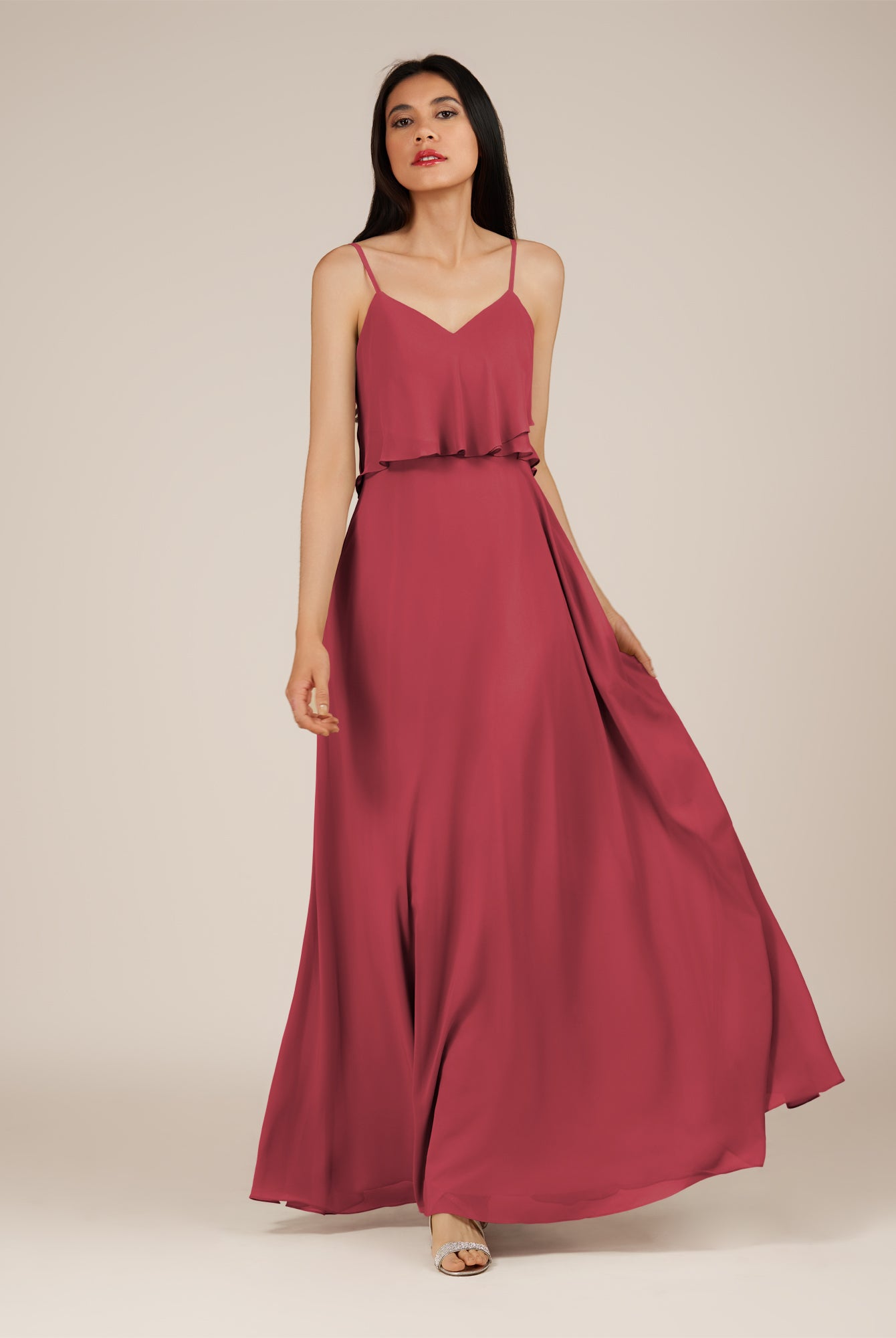 KissDress-Branwyn Merlot A Line V Neck Chiffon Long Bridesmaid Dress with Ruffles
