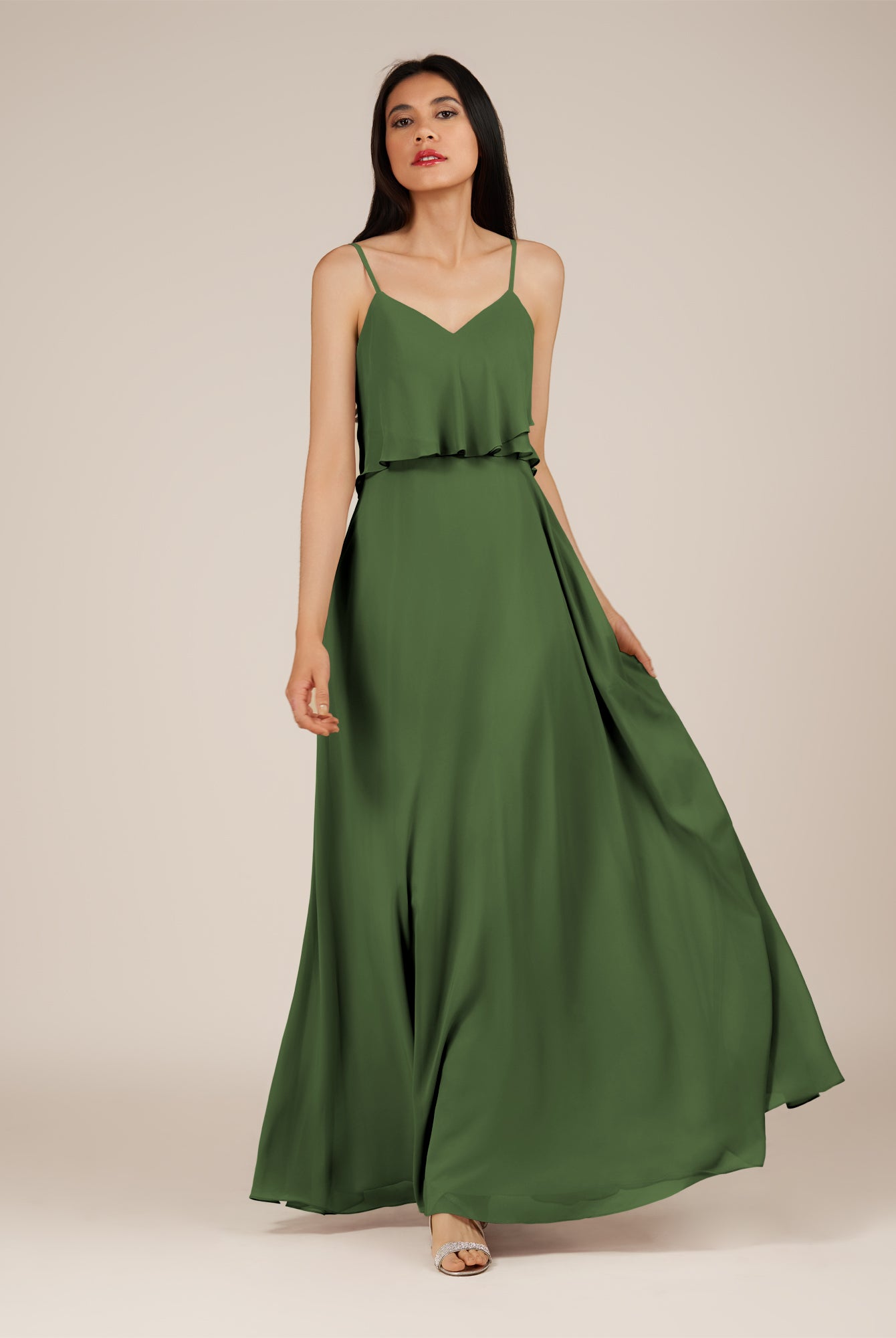 KissDress-Branwyn Moss A Line V Neck Chiffon Long Bridesmaid Dress with Ruffles