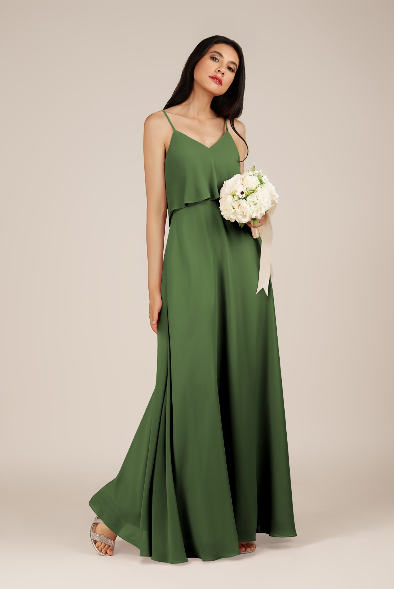KissDress-Branwyn Moss A Line V Neck Chiffon Long Bridesmaid Dress with Ruffles