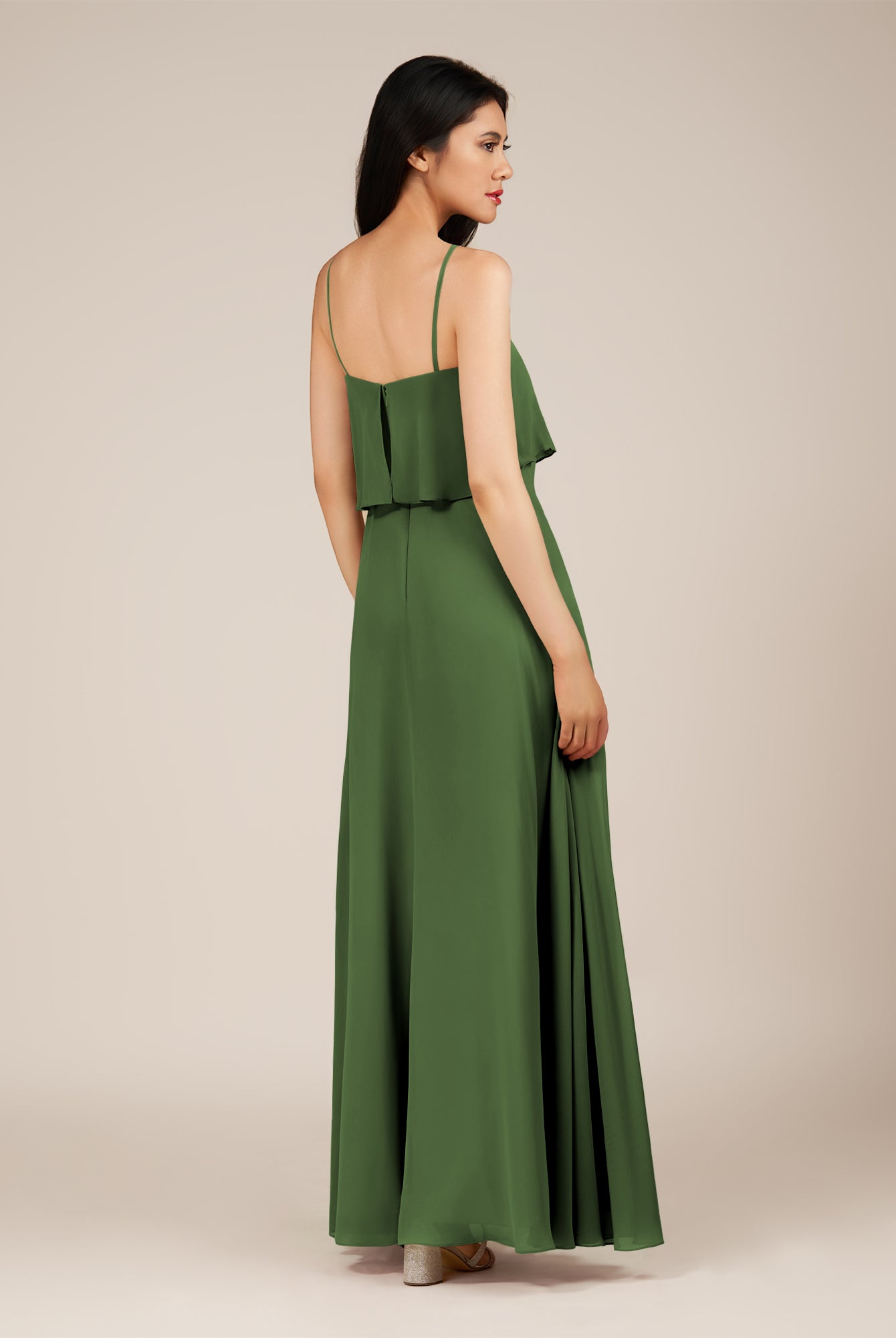 KissDress-Branwyn Moss A Line V Neck Chiffon Long Bridesmaid Dress with Ruffles