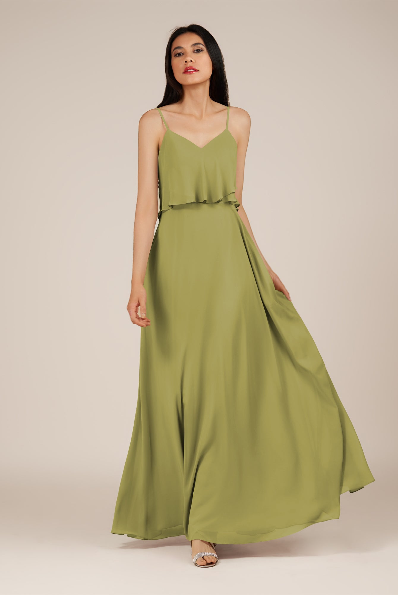 KissDress-Branwyn Moss Green A Line V Neck Chiffon Long Bridesmaid Dress with Ruffles