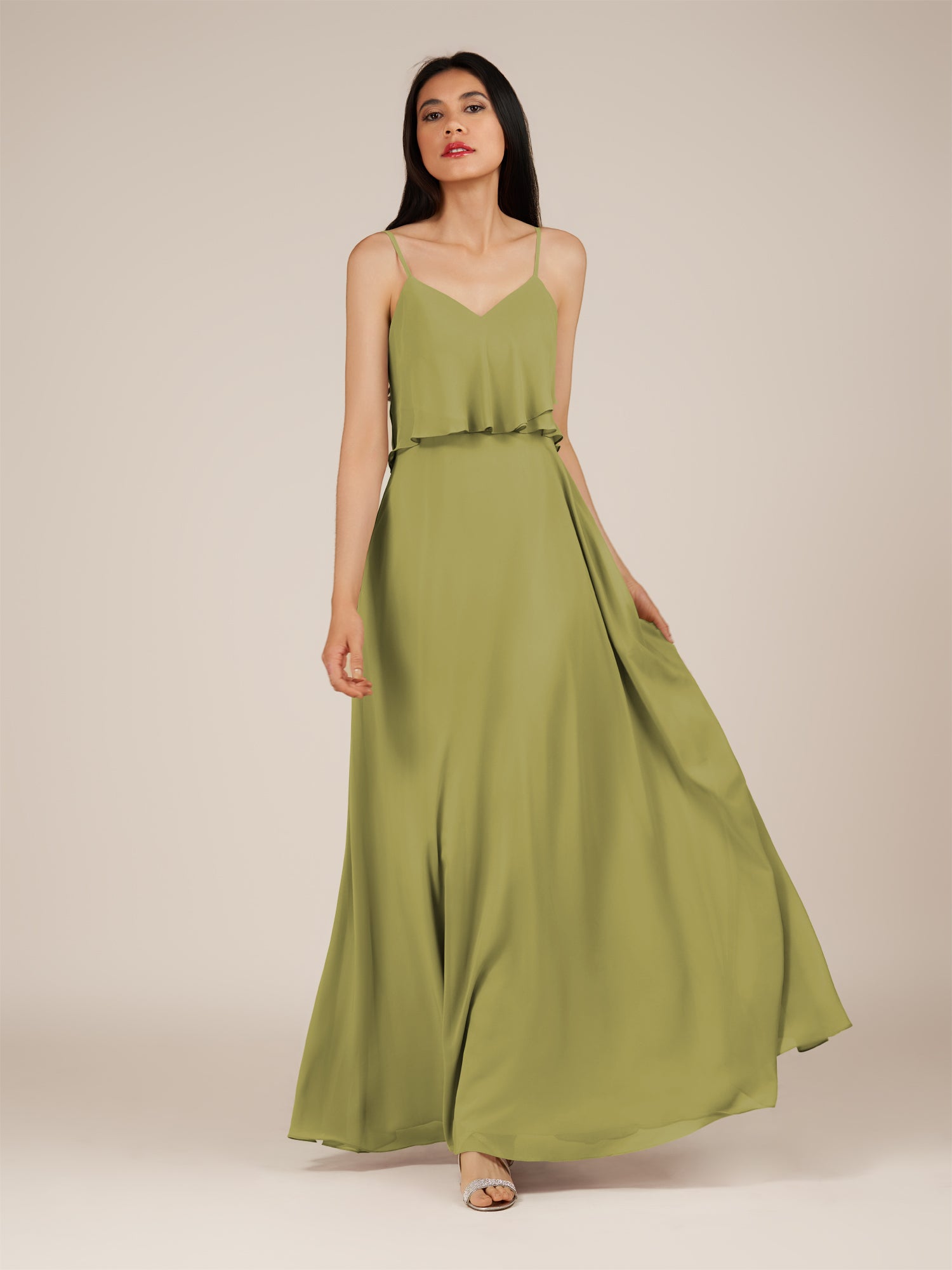KissDress-Branwyn Moss Green A Line V Neck Chiffon Long Bridesmaid Dress with Ruffles
