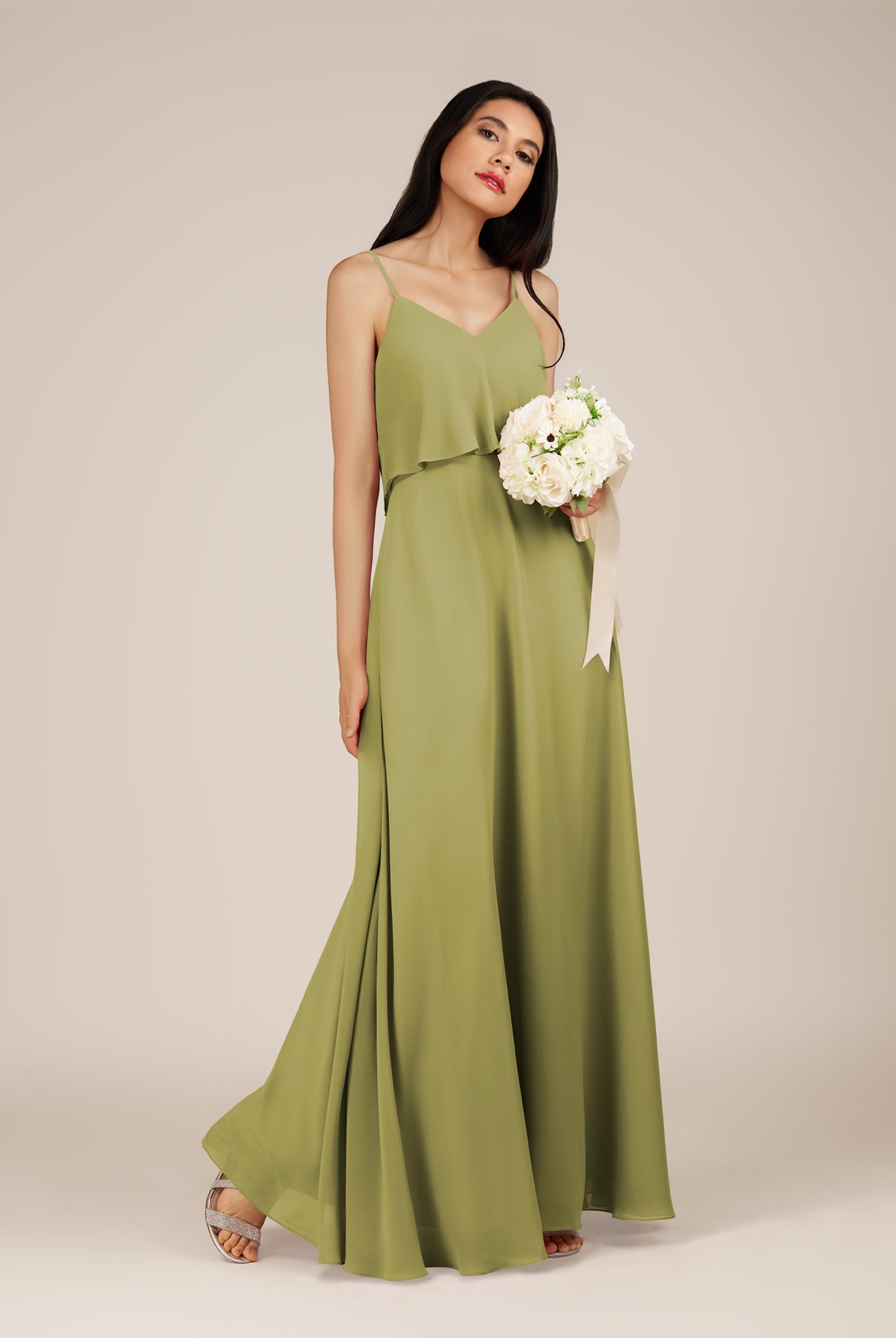 KissDress-Branwyn Moss Green A Line V Neck Chiffon Long Bridesmaid Dress with Ruffles