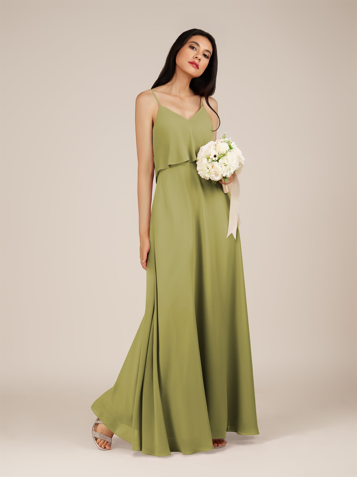 KissDress-Branwyn Moss Green A Line V Neck Chiffon Long Bridesmaid Dress with Ruffles