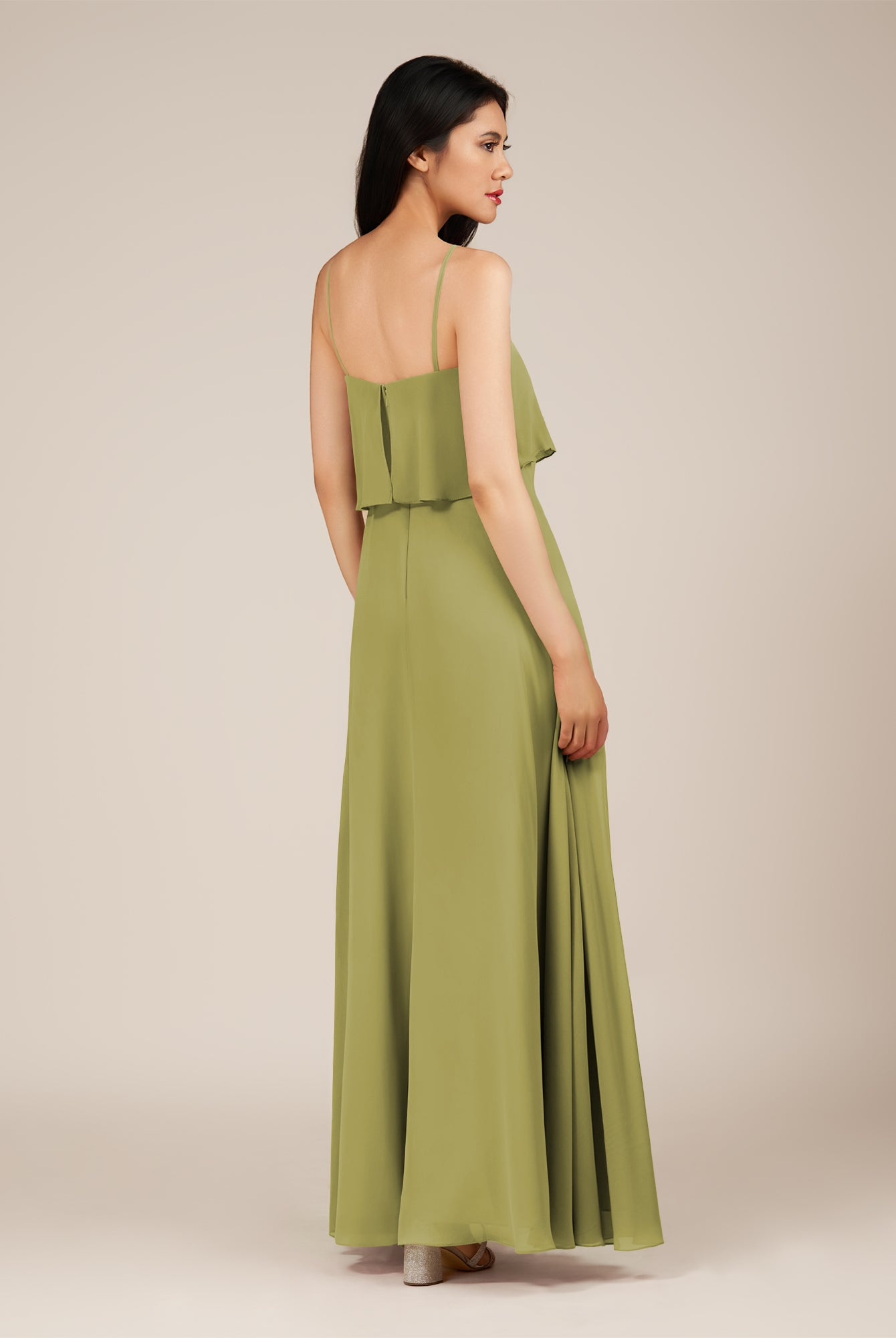 KissDress-Branwyn Moss Green A Line V Neck Chiffon Long Bridesmaid Dress with Ruffles