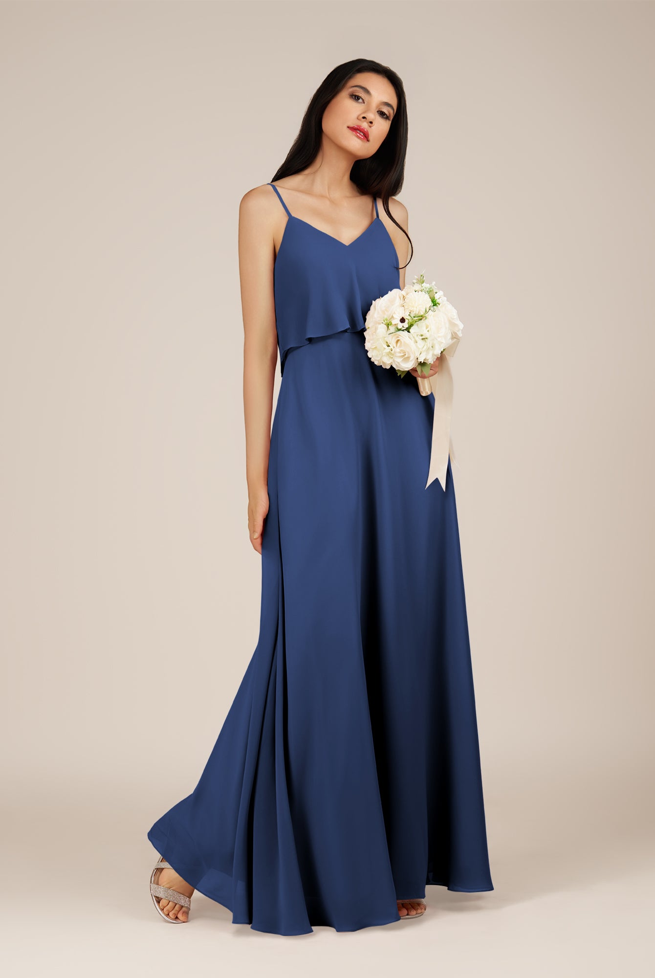 KissDress-Branwyn Navy A Line V Neck Chiffon Long Bridesmaid Dress with Ruffles