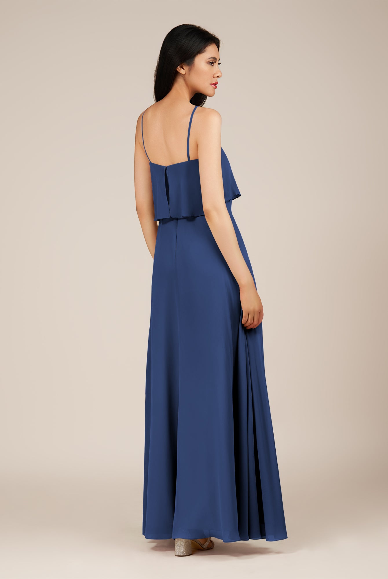 KissDress-Branwyn Navy A Line V Neck Chiffon Long Bridesmaid Dress with Ruffles