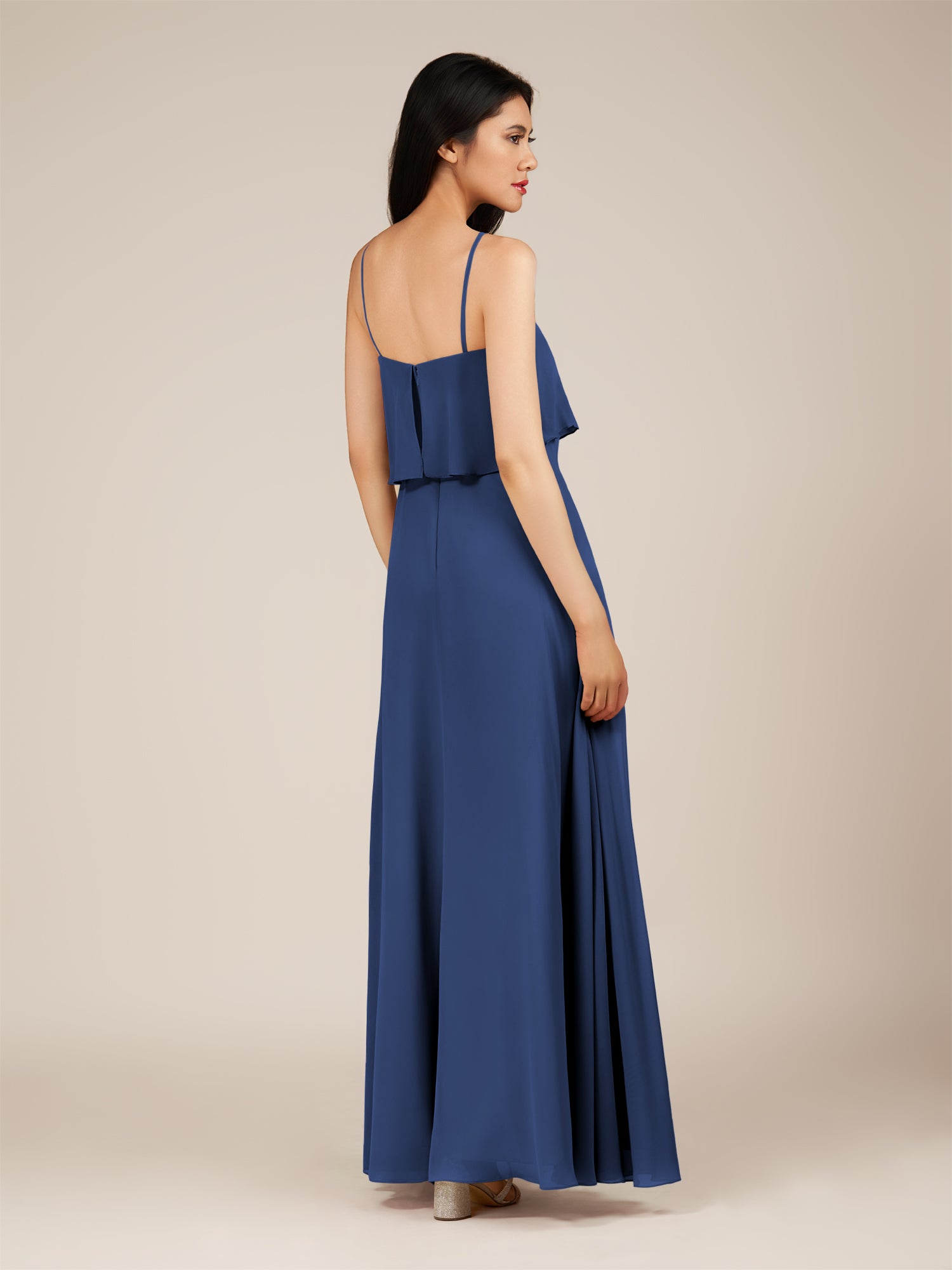 KissDress-Branwyn Navy A Line V Neck Chiffon Long Bridesmaid Dress with Ruffles