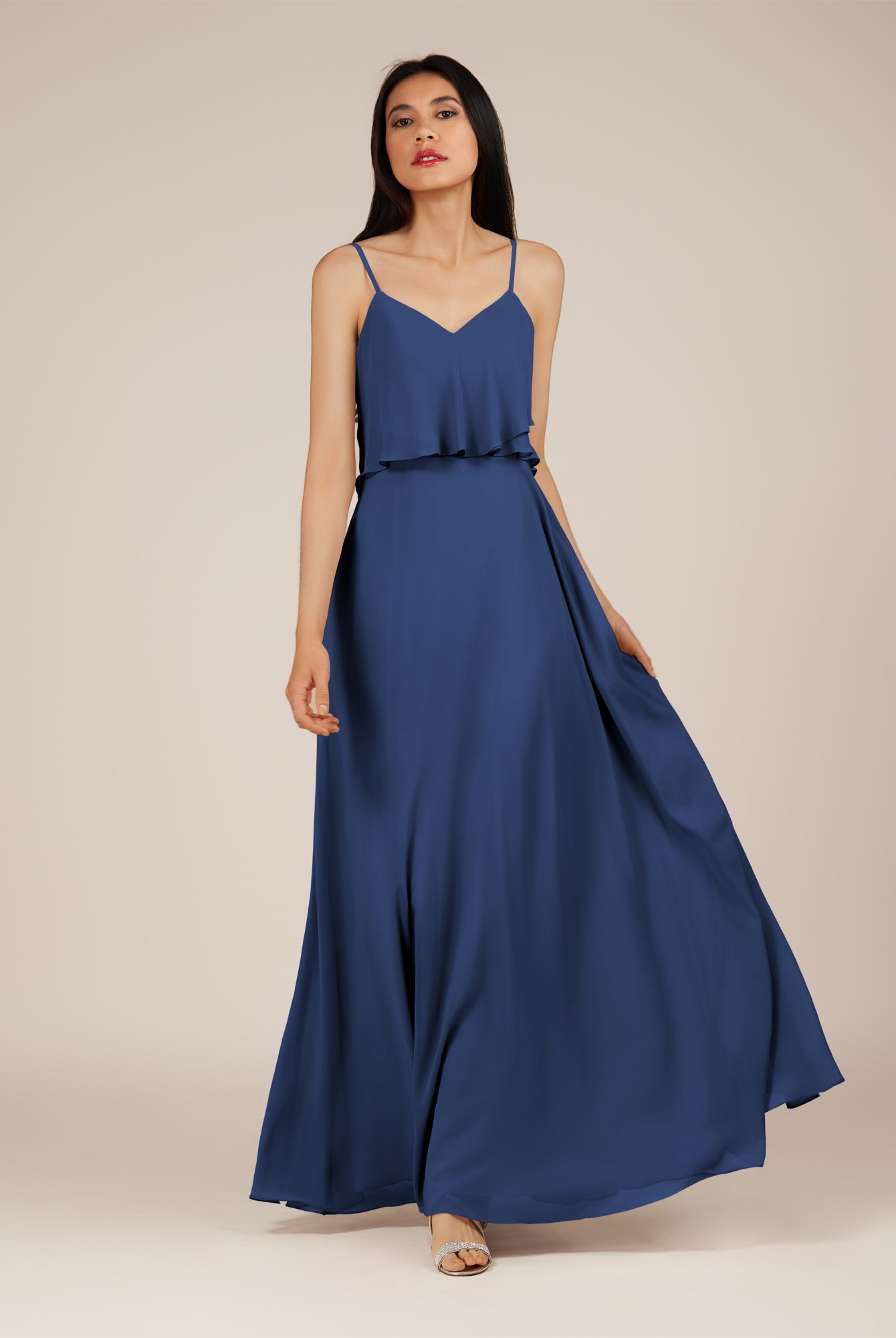 KissDress-Branwyn Navy A Line V Neck Chiffon Long Bridesmaid Dress with Ruffles