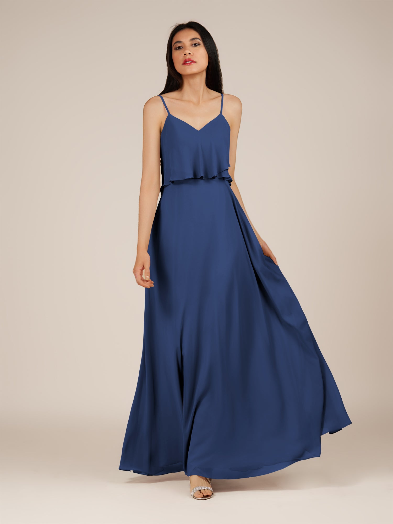 KissDress-Branwyn Navy A Line V Neck Chiffon Long Bridesmaid Dress with Ruffles