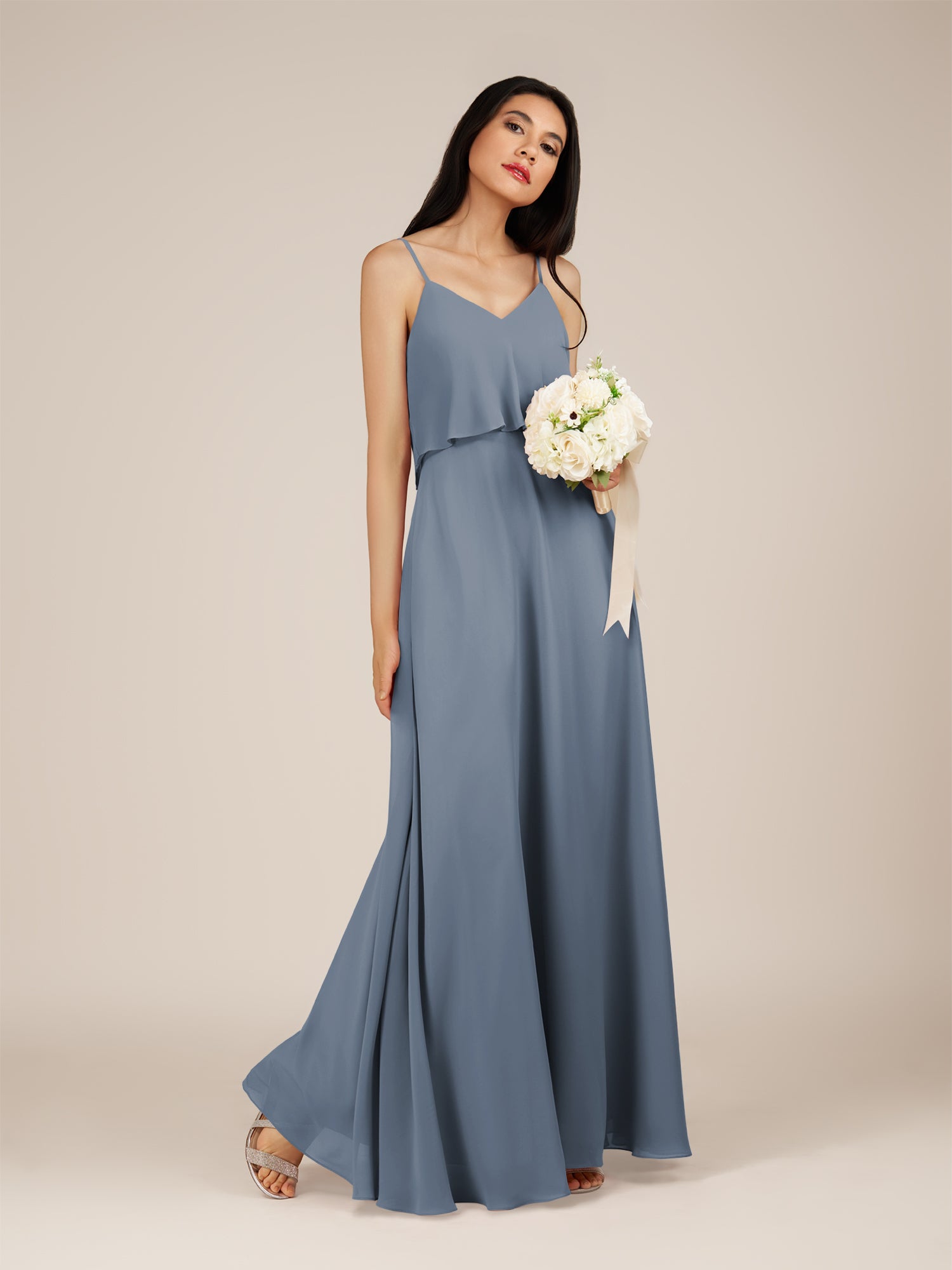 KissDress-Branwyn Neptune A Line V Neck Chiffon Long Bridesmaid Dress with Ruffles