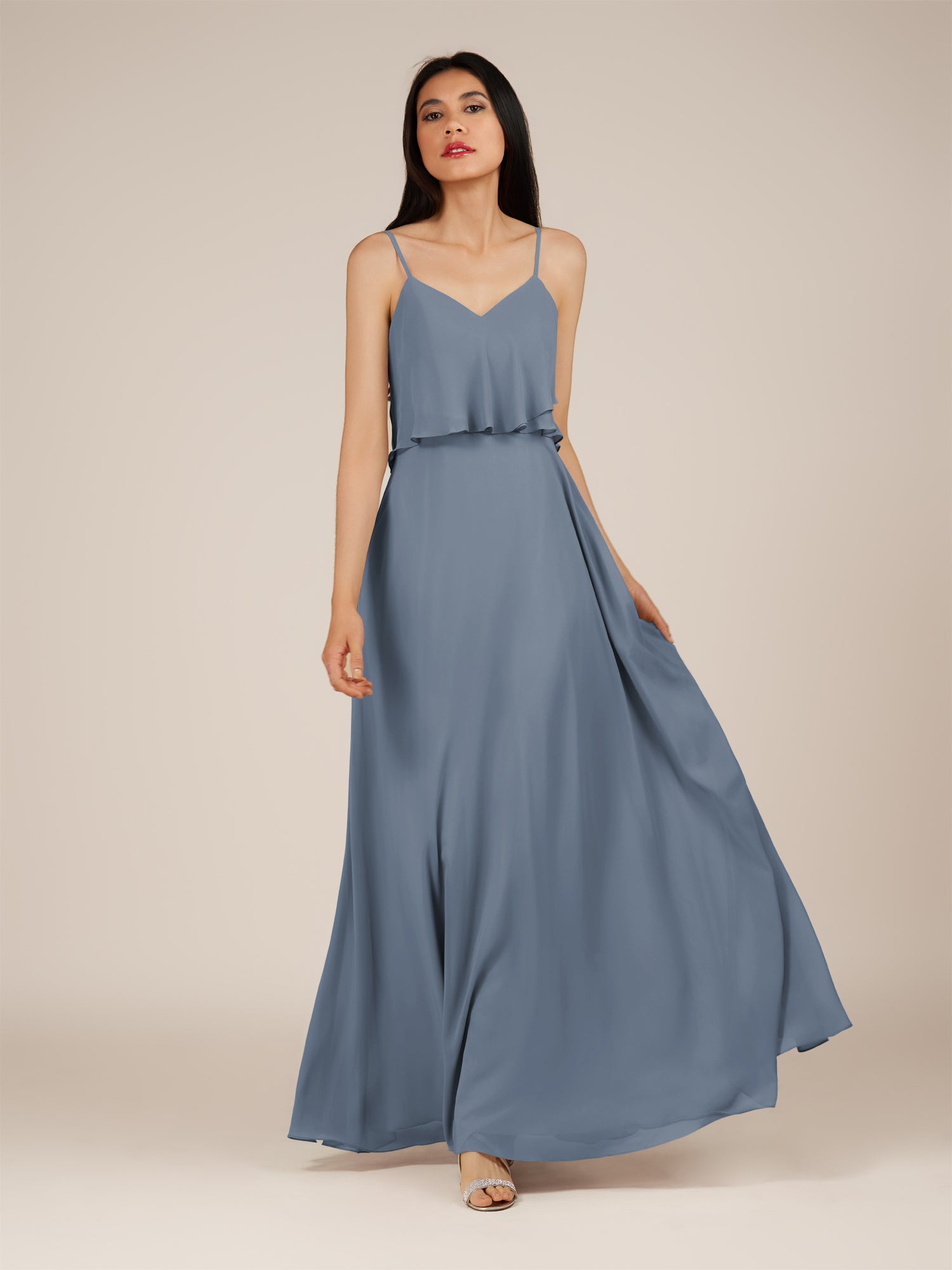 KissDress-Branwyn Neptune A Line V Neck Chiffon Long Bridesmaid Dress with Ruffles