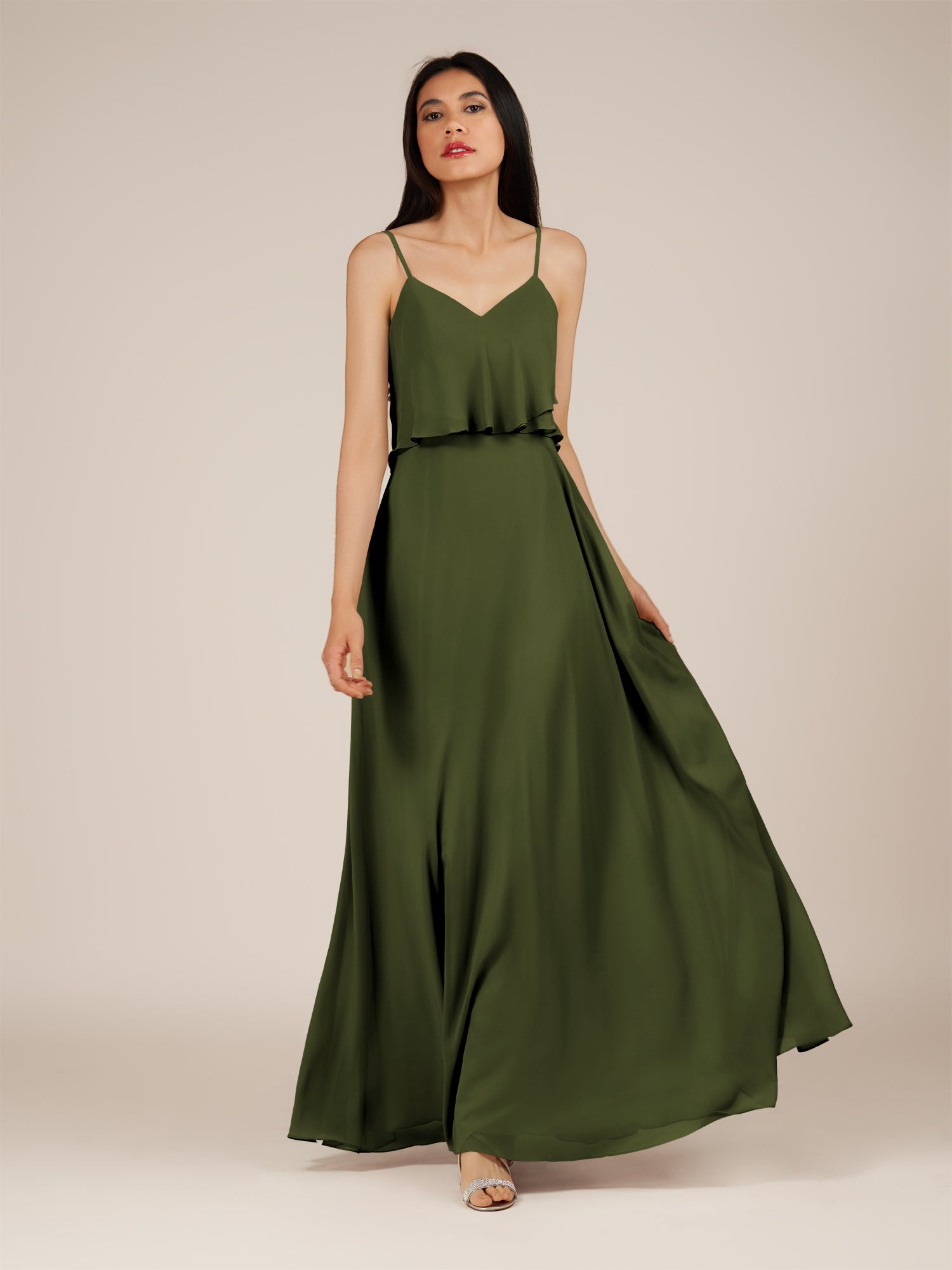 KissDress-Branwyn Olive A Line V Neck Chiffon Long Bridesmaid Dress with Ruffles