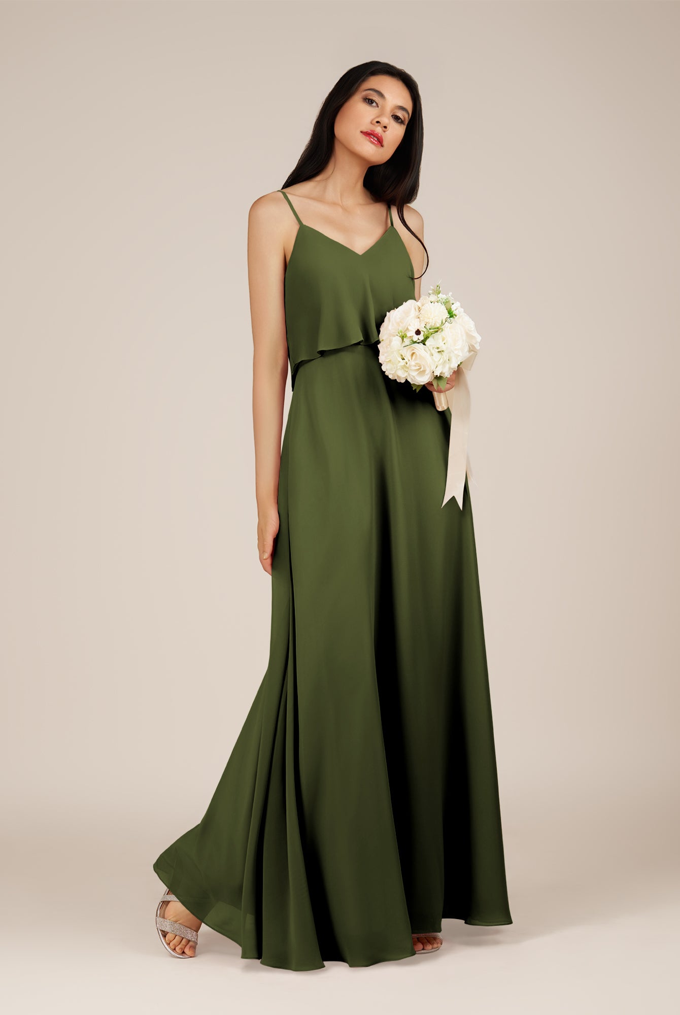 KissDress-Branwyn Olive A Line V Neck Chiffon Long Bridesmaid Dress with Ruffles