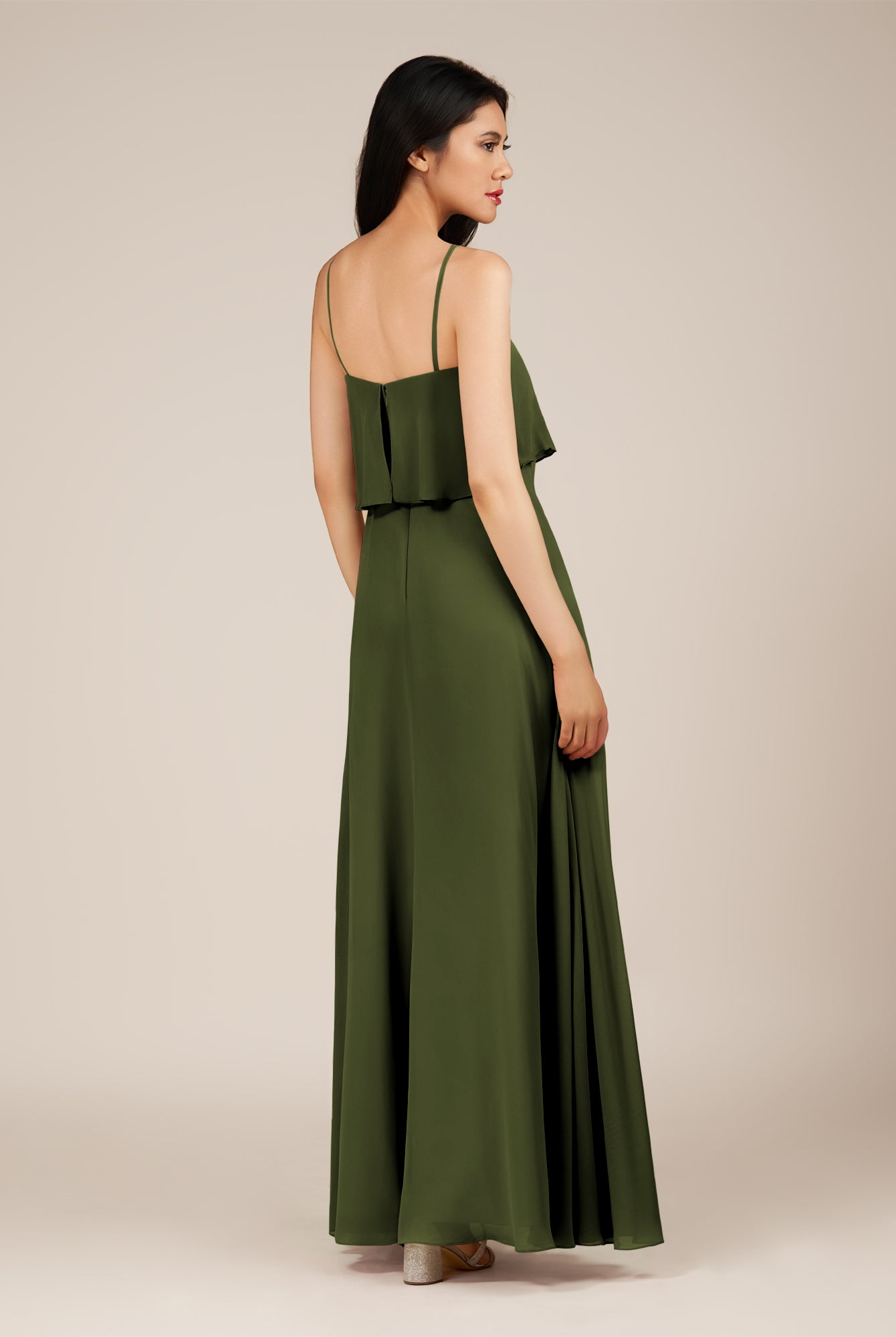KissDress-Branwyn Olive A Line V Neck Chiffon Long Bridesmaid Dress with Ruffles