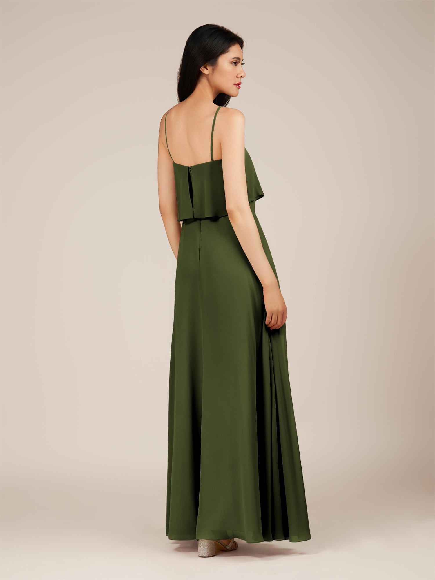KissDress-Branwyn Olive A Line V Neck Chiffon Long Bridesmaid Dress with Ruffles
